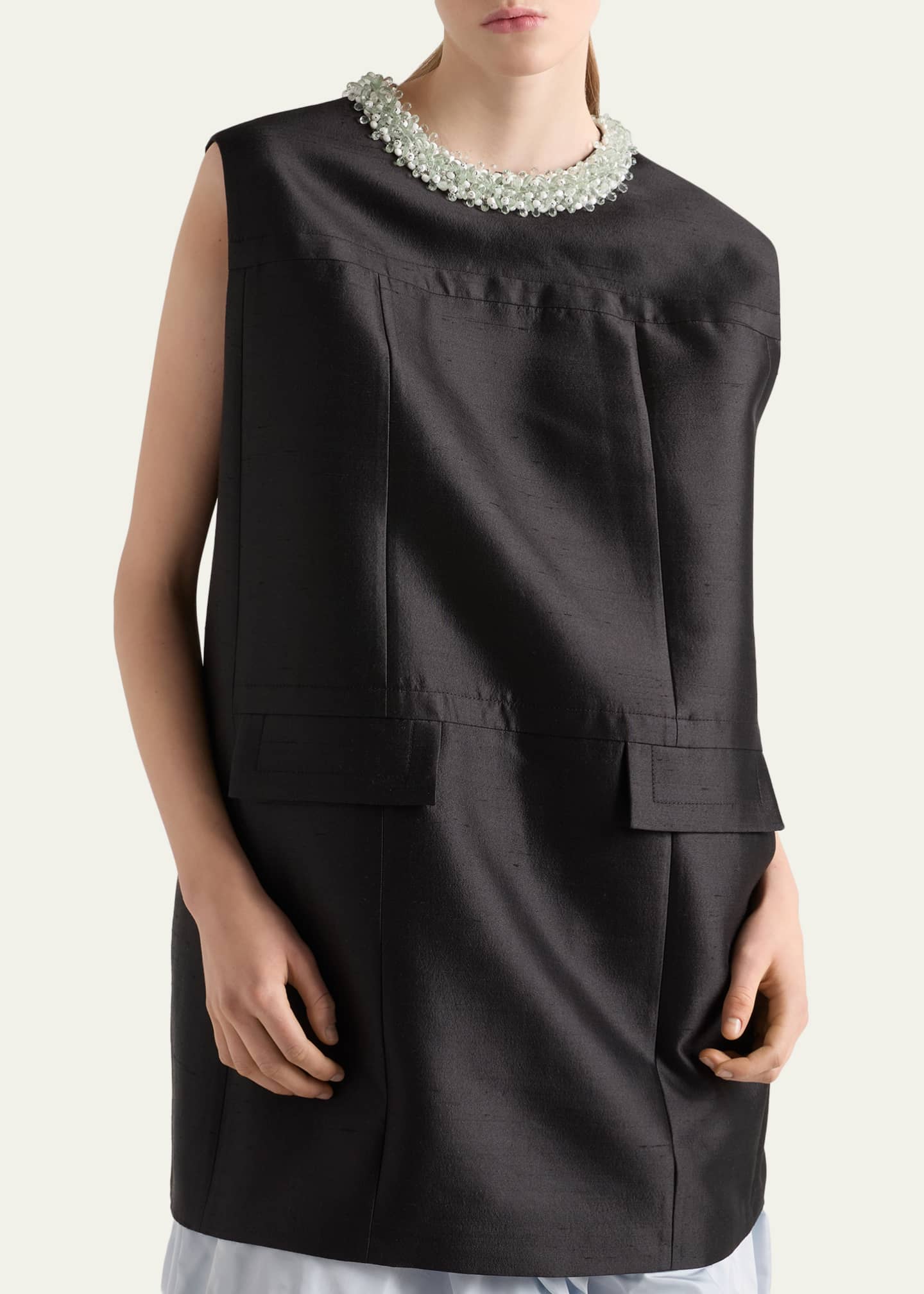 prada silk mini dress Prada Embroidered Slubbed Gazar Dress, Woman, Jade Green, Size 42