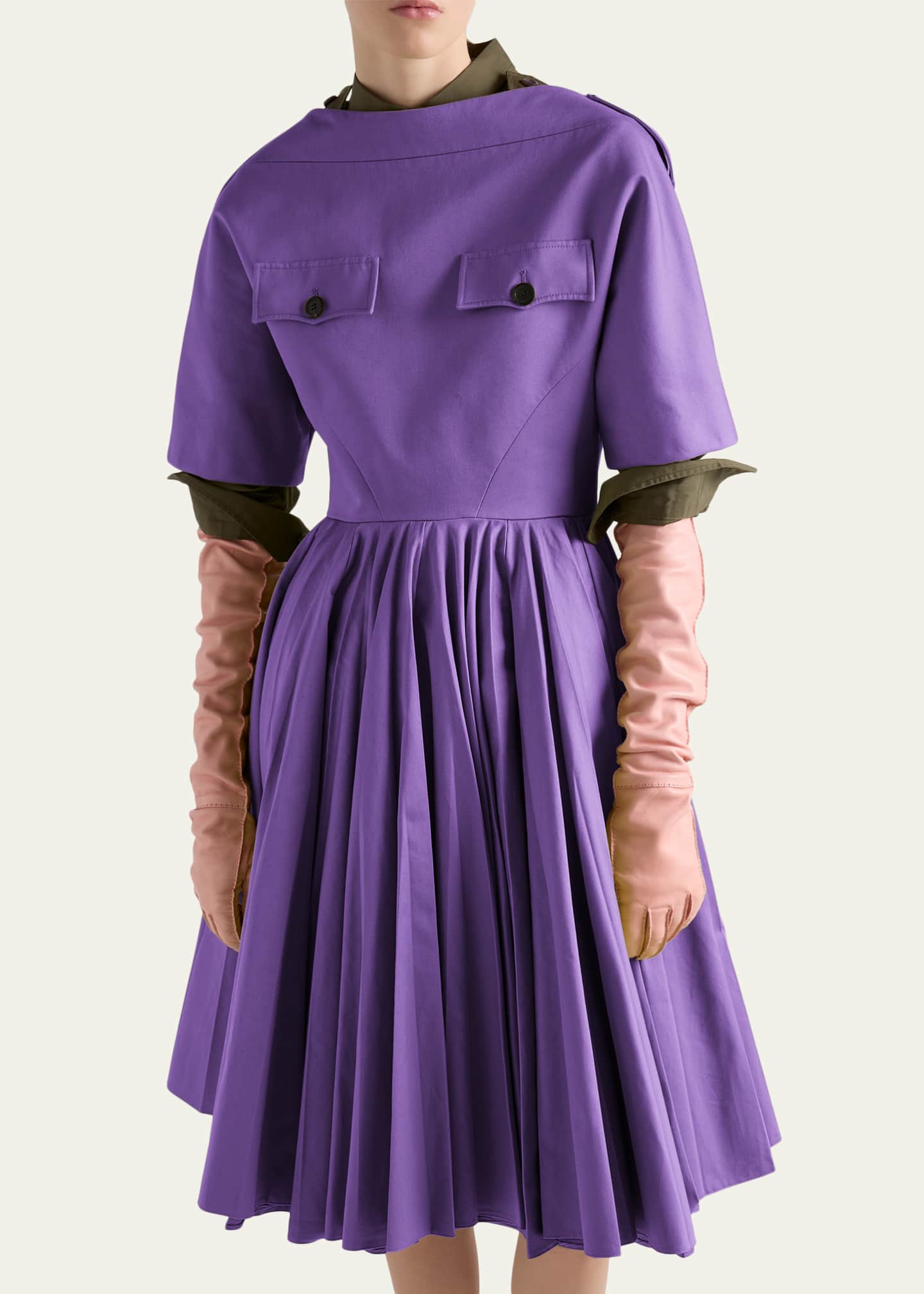 utility dress with pleated skirt Prada Short-Sleeve Pleated Cotton Twill Utility Dress