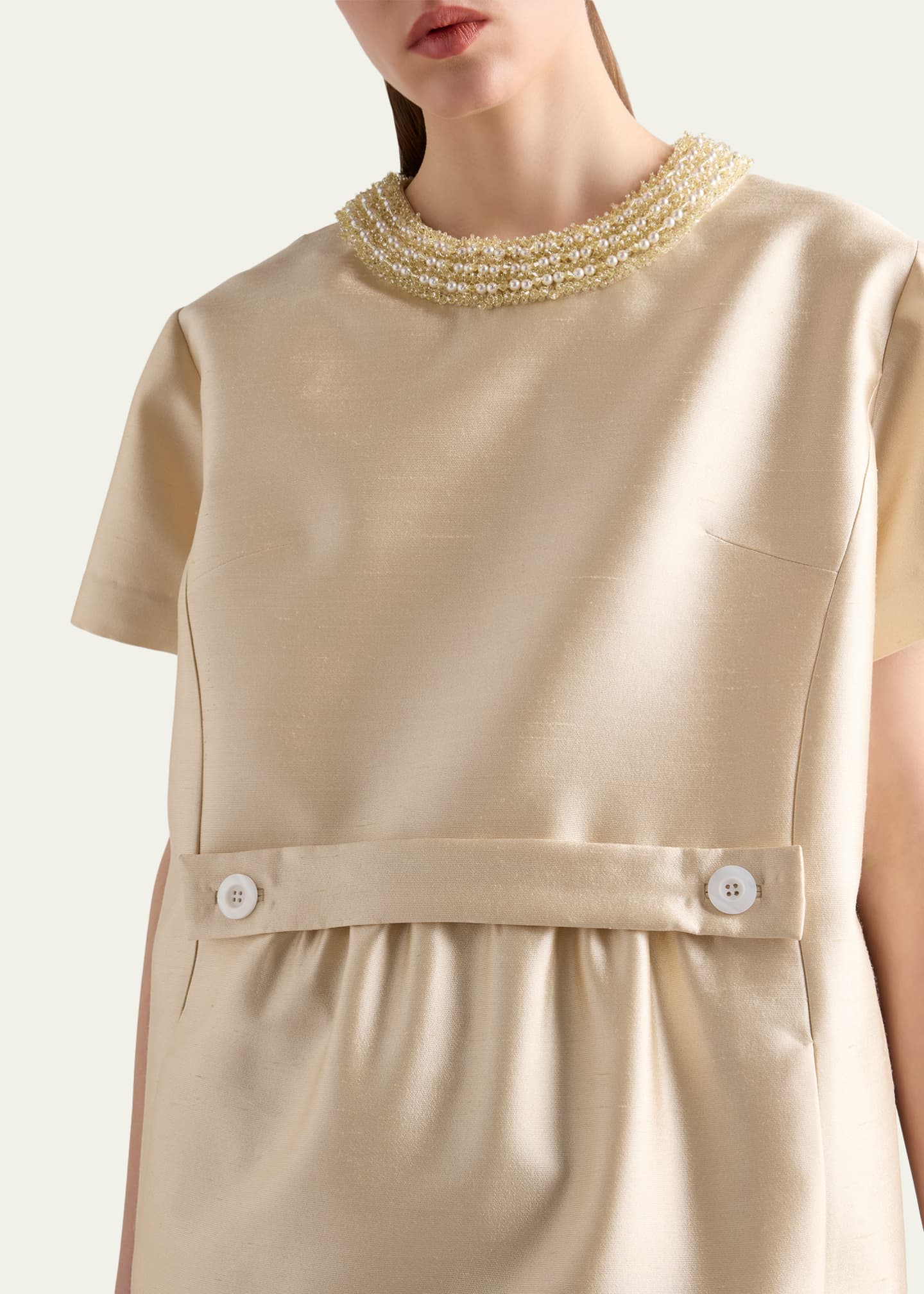 prada beige dress Prada Beaded Gazar Silk Short-Sleeve Mini Dress
