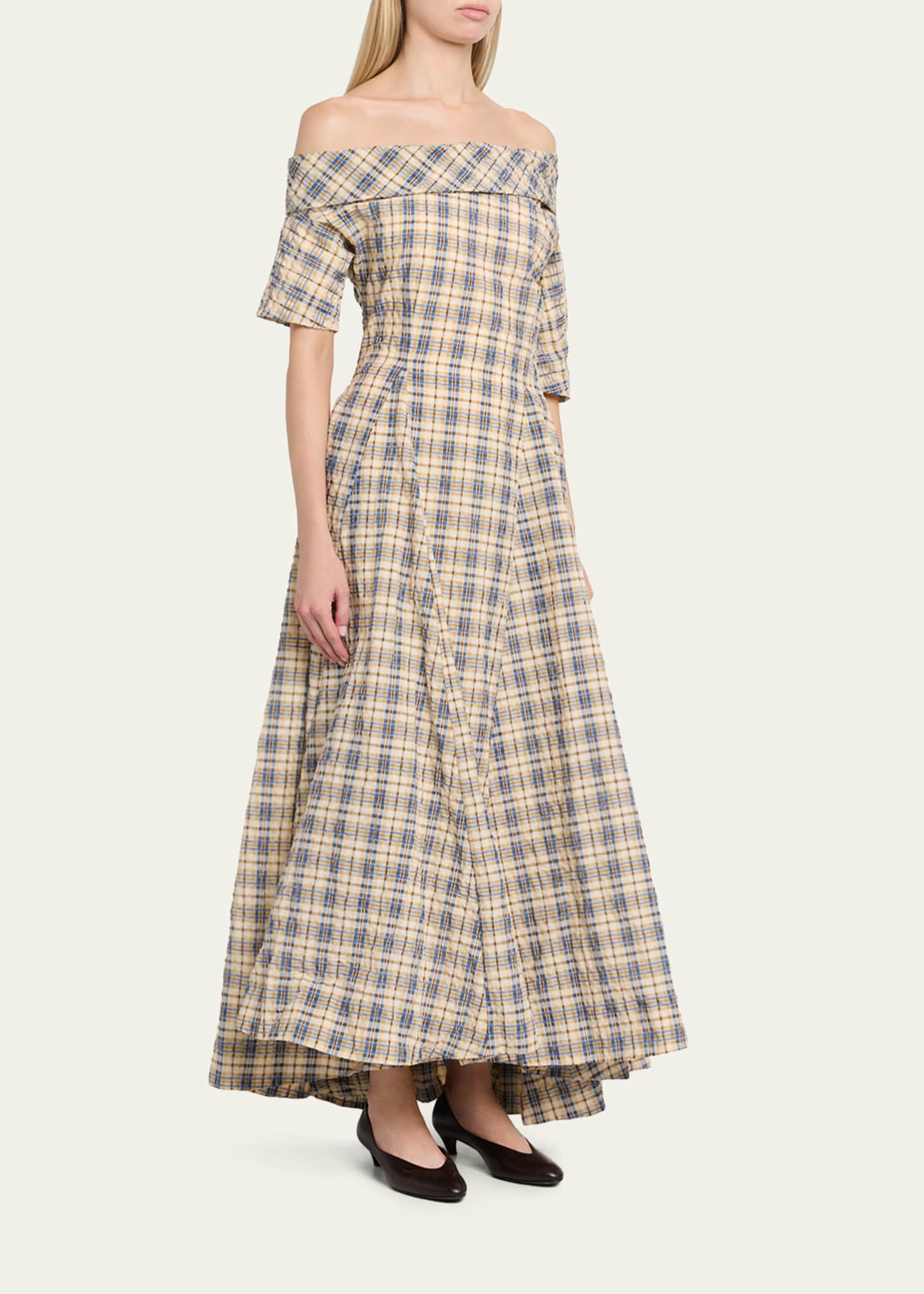 seersucker off the shoulder dress Bowery Off-The-Shoulder Check Seersucker Asymmetric Dress
