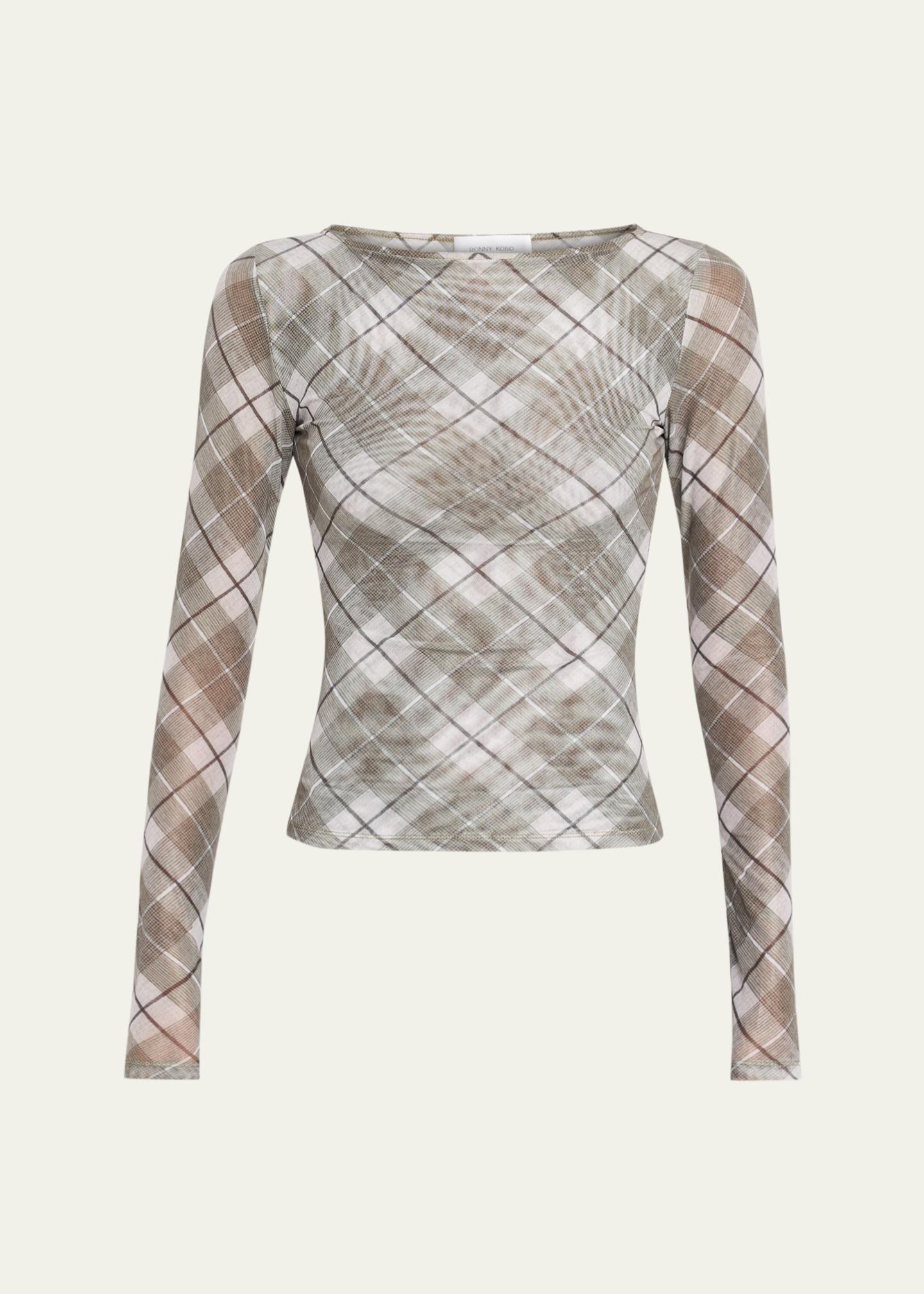 Ronny Kobo Flume Plaid-Print Mesh Top - Bergdorf Goodman