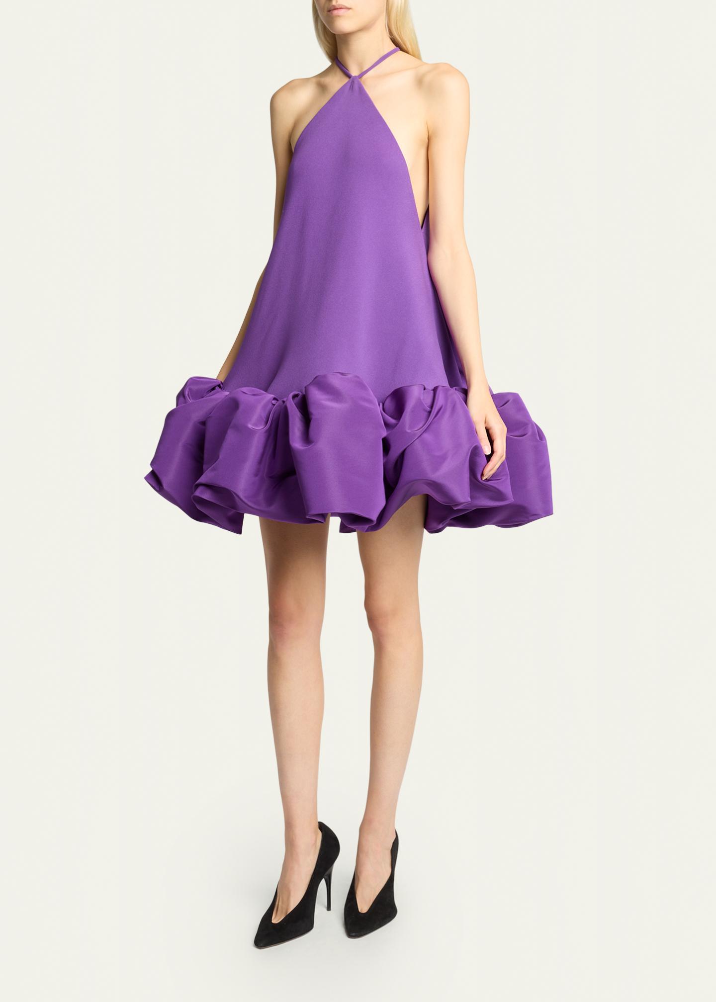 Balenciaga Silk Balloon Ruffle Mini Halter Dress, Parma Violet, Women's, 38 Cocktail & Party Wedding Guest Dresses Halter Neck Dresses