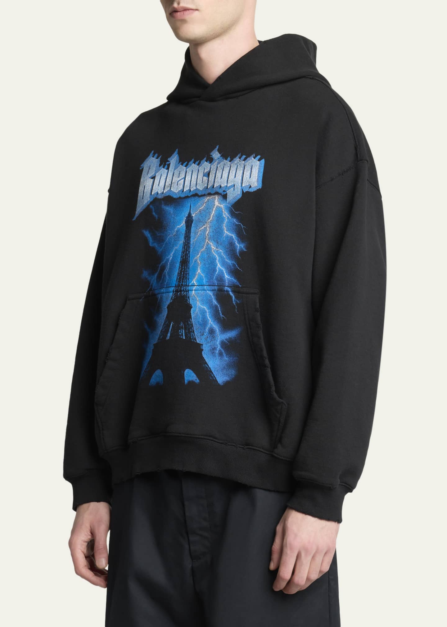 BALENCIAGA バレンシアガ　ネイビー ベルベット ブーティ Balenciaga Men's Paris Thunderstorm Medium-Fit Hoodie - Bergdorf