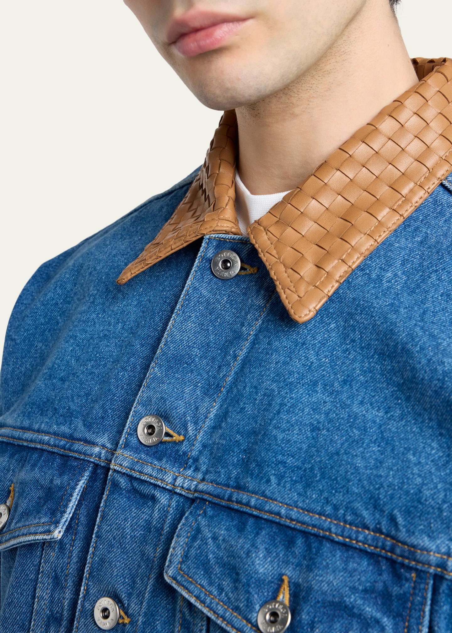 Bottega Veneta Men's Intrecciato-Leather Collar Denim Jacket