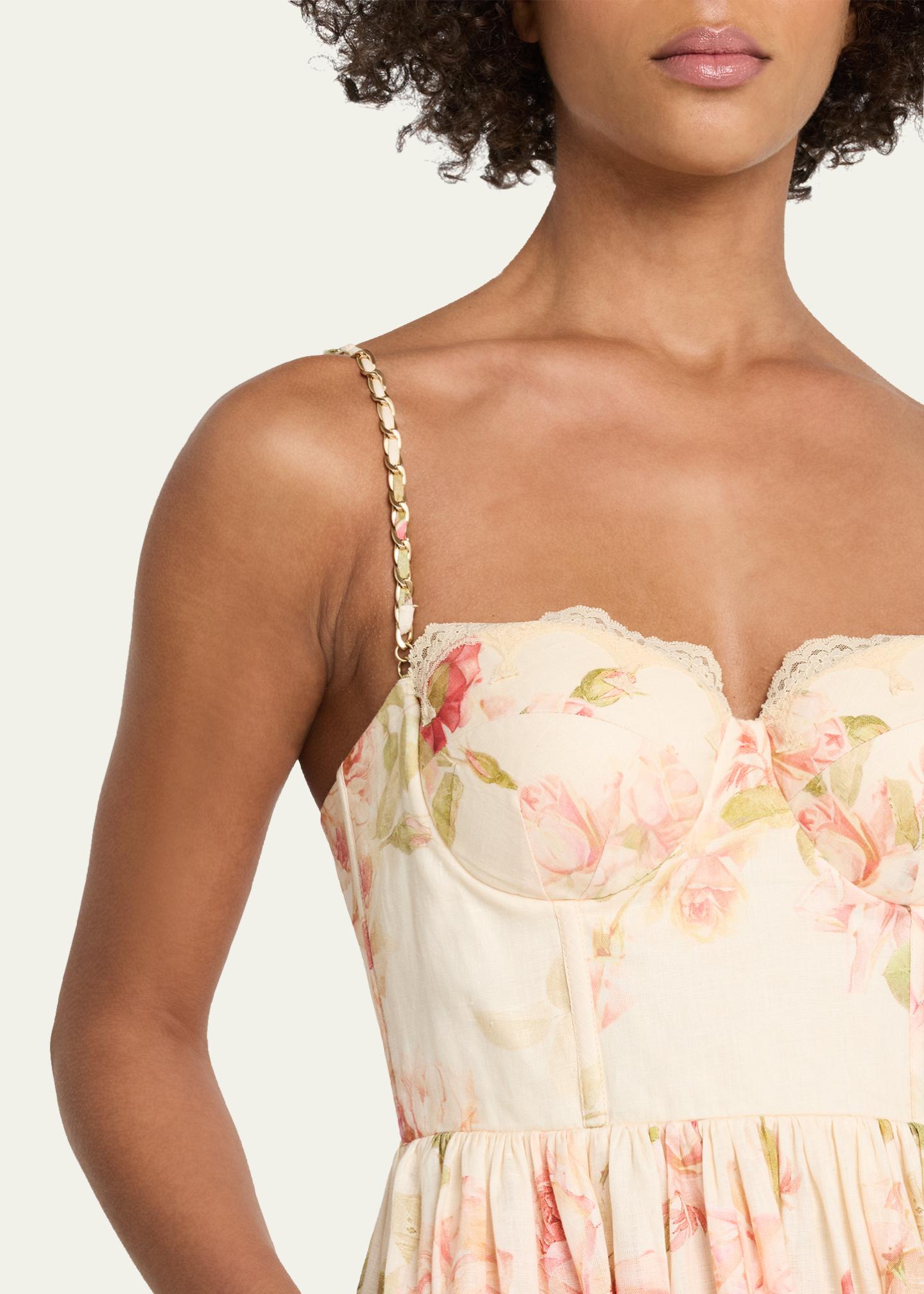 zimmermann corset midi dress Linen Floral Print Roselight Mar-24 Ibiza Dress / Cornflower Größe:Size 14 This exquisite piece features Zimmermann tama corset