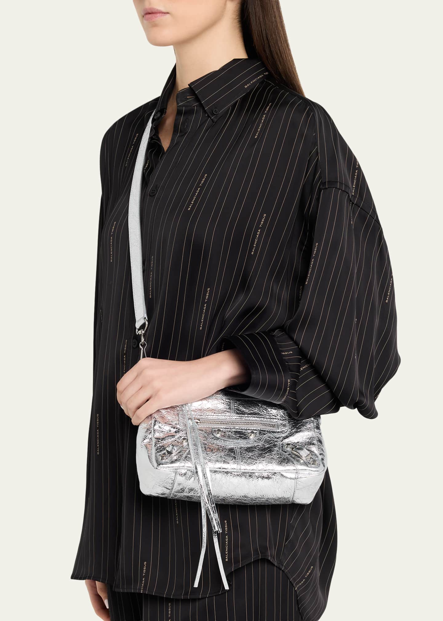 Balenciaga Le City Mini Metallic Leather Moto Shoulder Bag