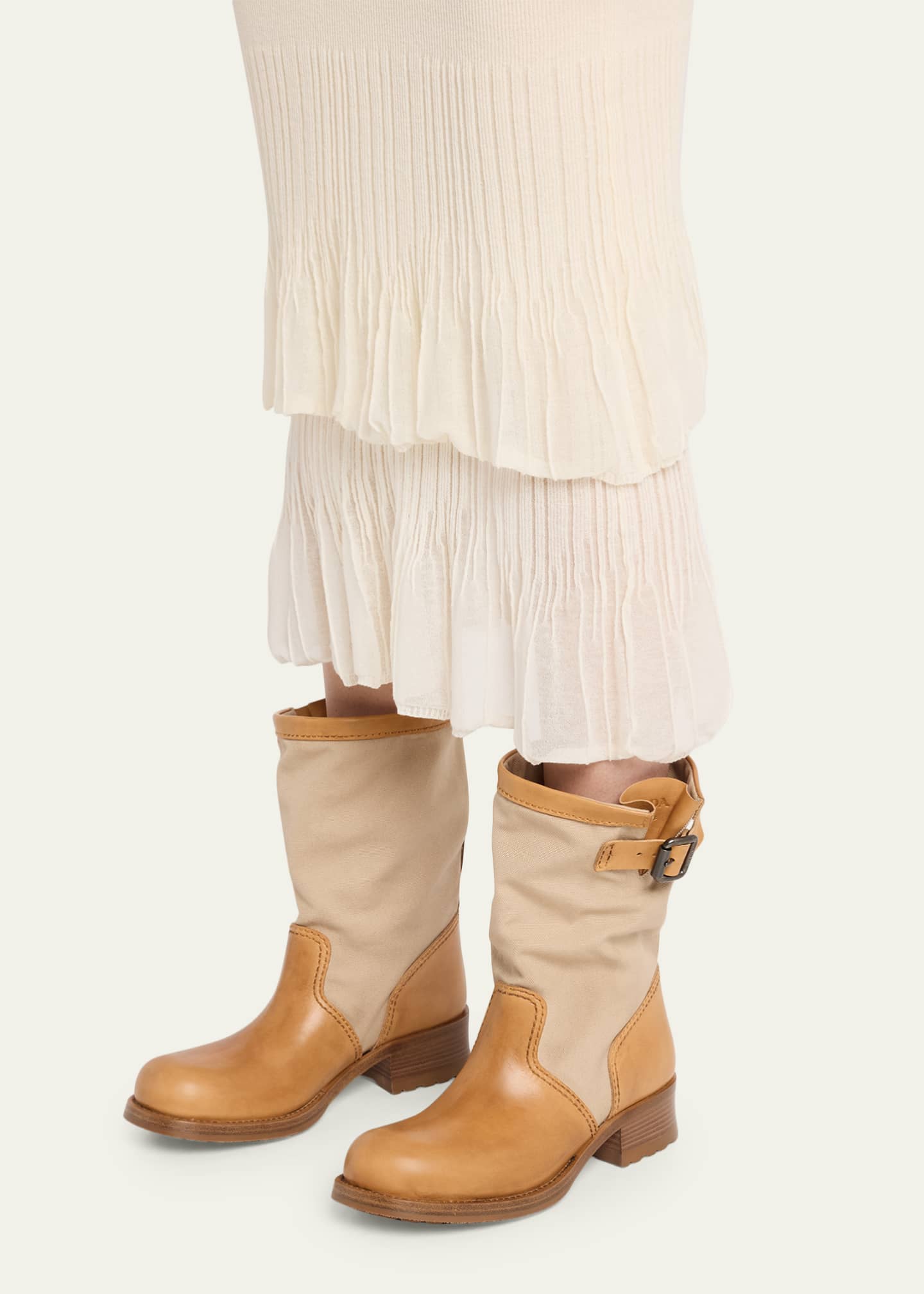 【lemon】Prada Leather Boots Prada Leather and Canvas Biker Mid-Calf Boots - Bergdorf Goodman