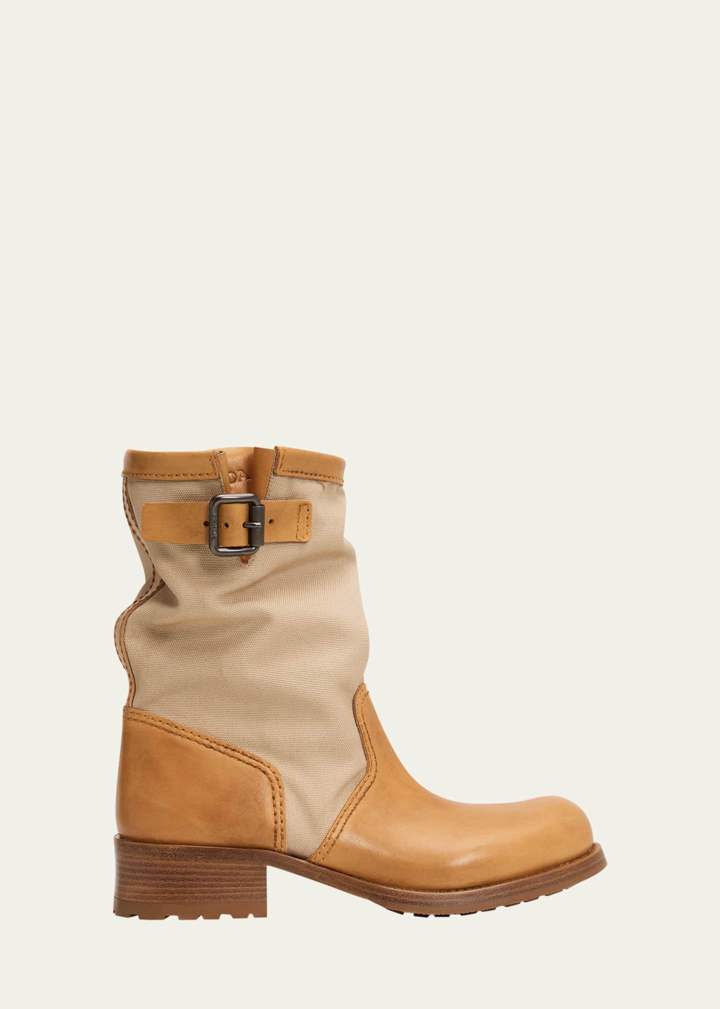 【lemon】Prada Leather Boots Prada Leather and Canvas Biker Mid-Calf Boots - Bergdorf Goodman