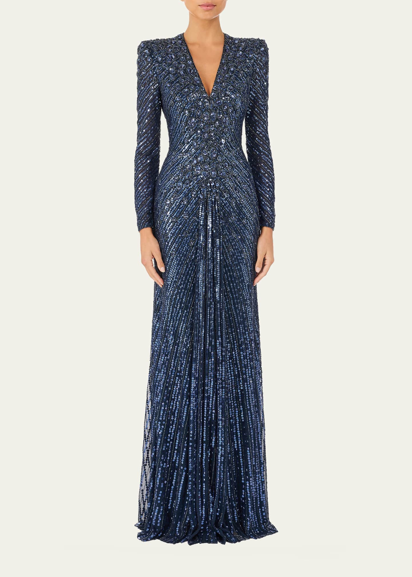 Jenny Packham Eve Embellished Strong-Shoulder Long-Sleeve Gown, Blackthorn, Women's, 18, Long-Sleeve Gowns