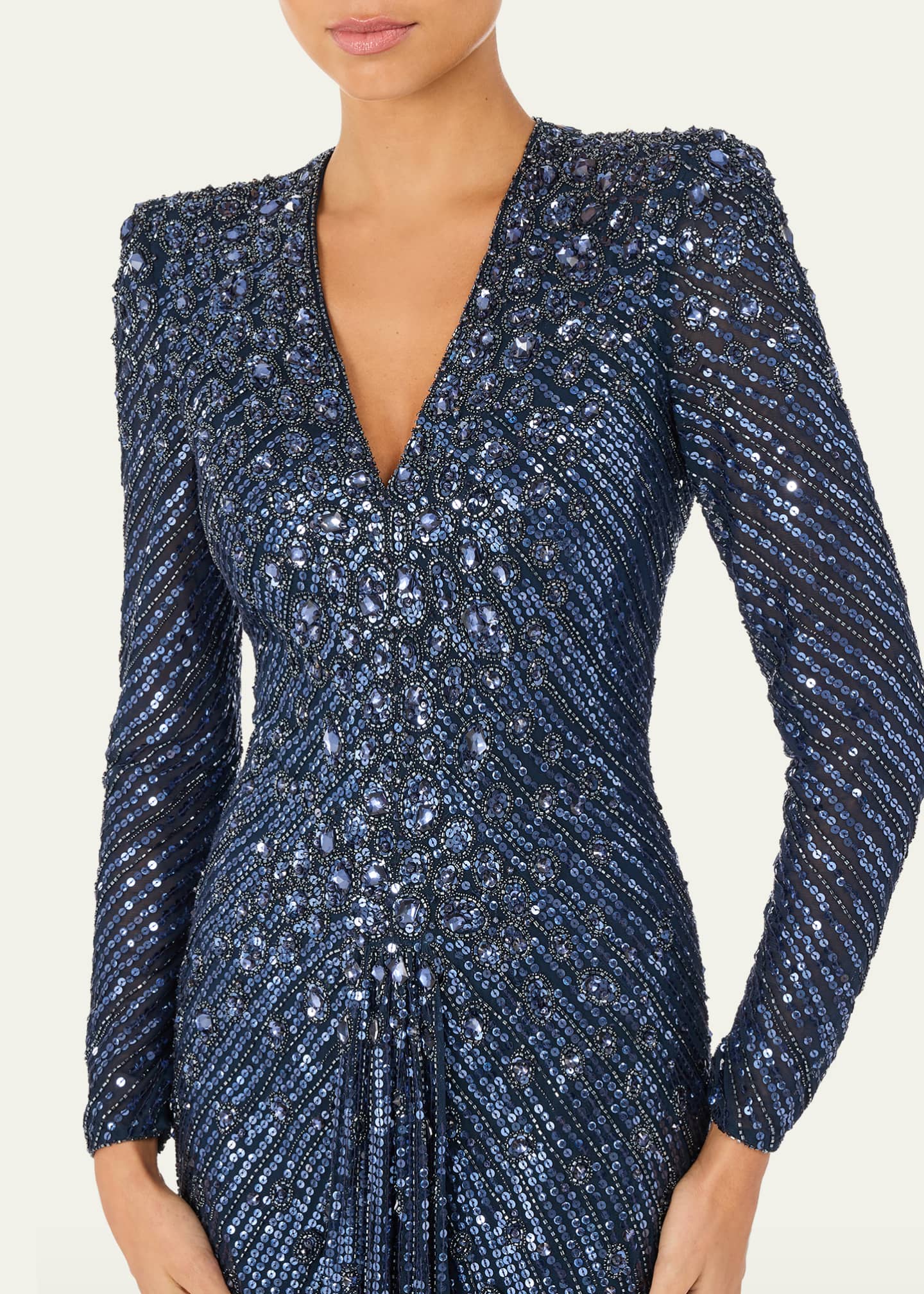Jenny Packham Eve Embellished Strong-Shoulder Long-Sleeve Gown, Blackthorn, Women's, 18, Long-Sleeve Gowns