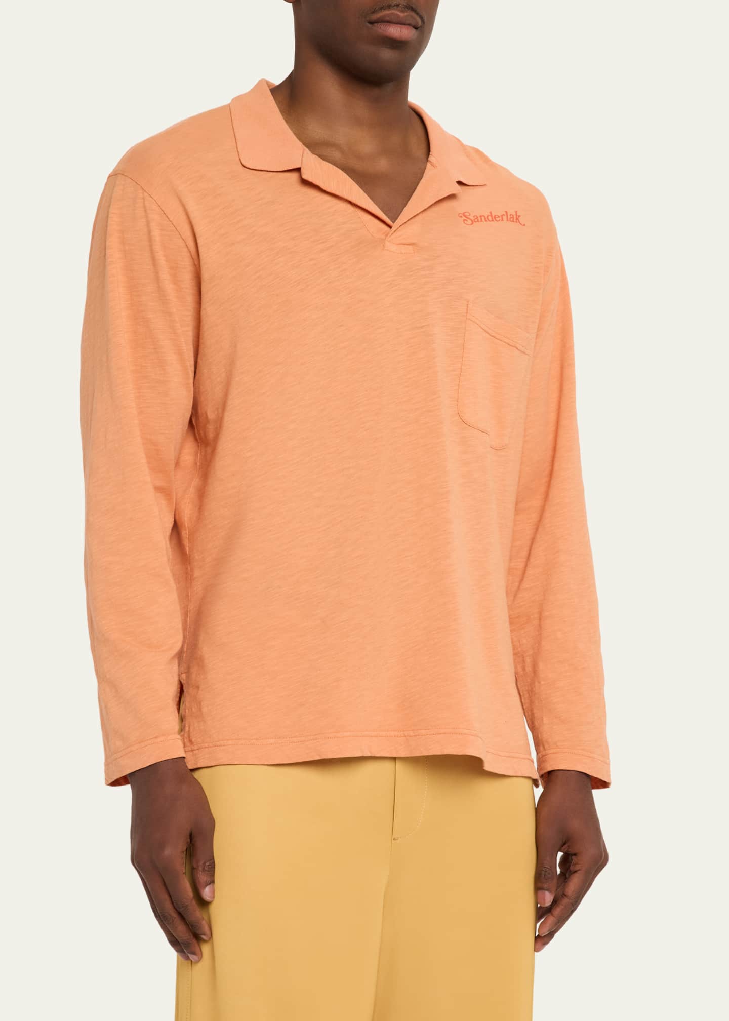 Sanderlak Men's Slub Cotton Long-Sleeve Johnny Collar Polo Shirt
