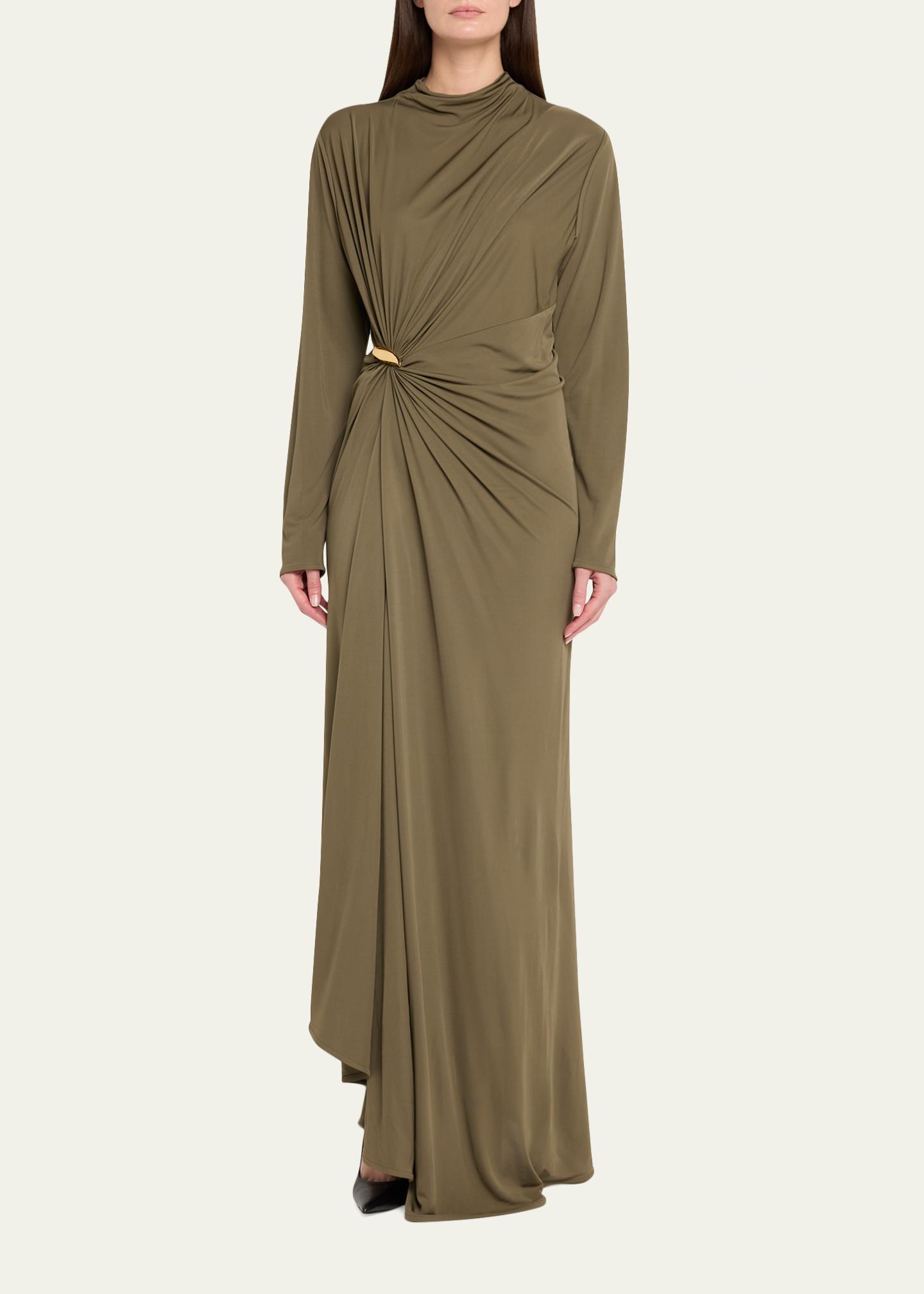 bottega veneta dress green Long-Sleeve Draped Matte Crepe Maxi Dress, Camo, Women's, 46 Casual & Work Dresses Maxi Dresses BR-best-seller-US