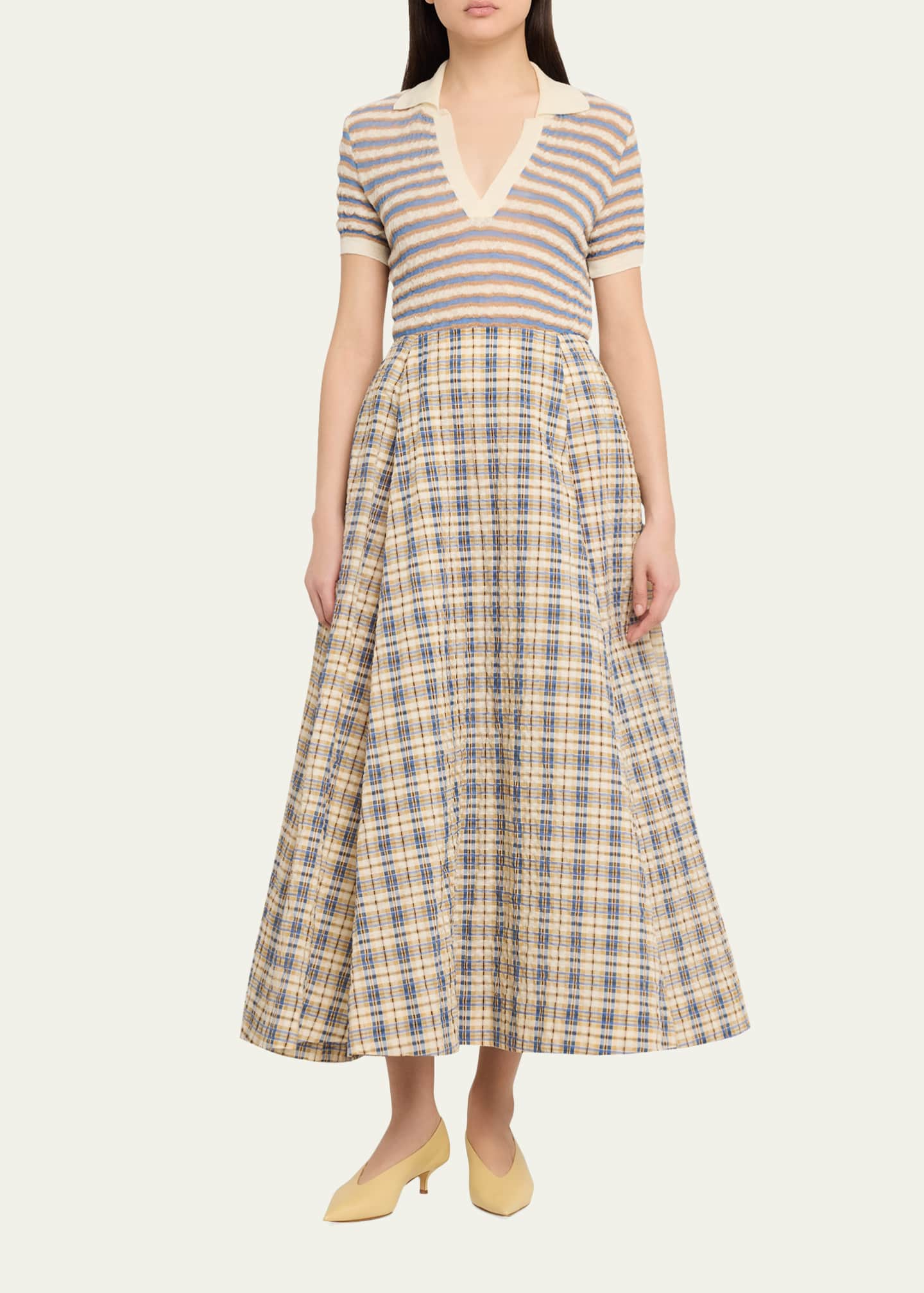 BERNADETTE Kennedy Check Seersucker Midi Skirt - Bergdorf Goodman