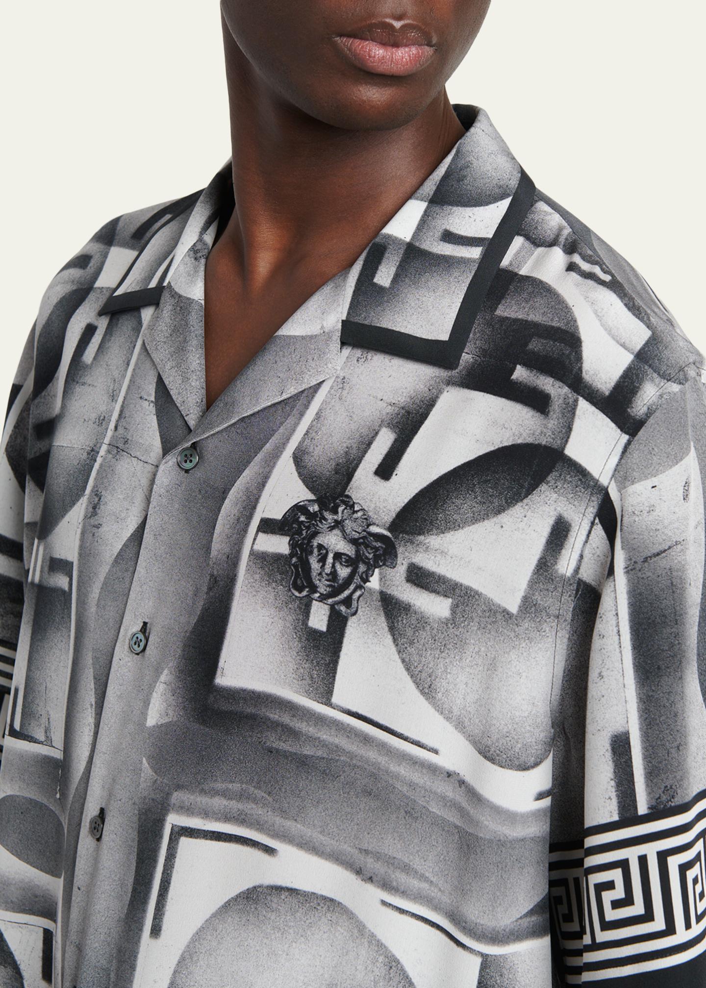 Versace Men's Silk Abstract La Greca-Trim Camp Shirt - Bergdorf