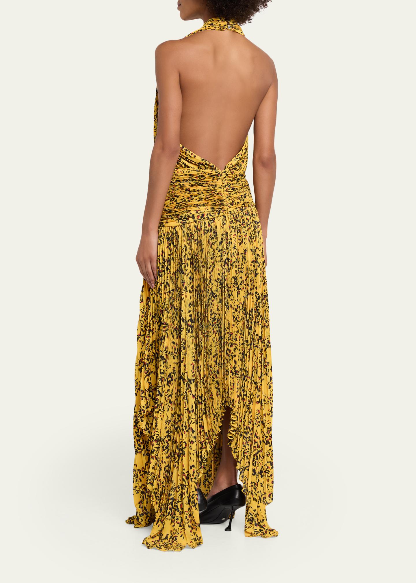 Proenza Schouler Paulina Pleated Halter Handkerchief Maxi Dress, Gold Multi, Women's, 10