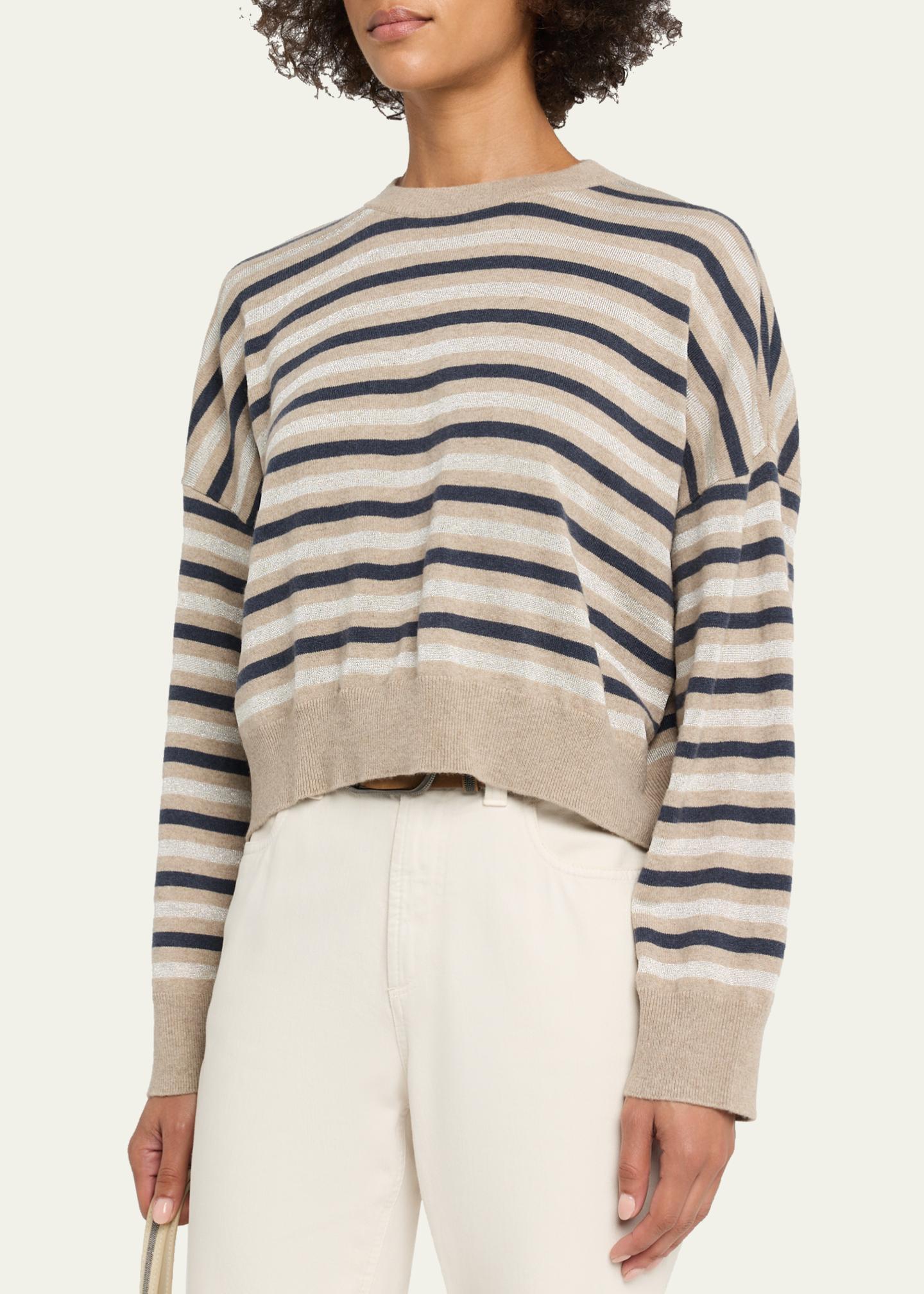 Brunello Cucinelli Shimmering Striped Wool-Cashmere Crop Sweater