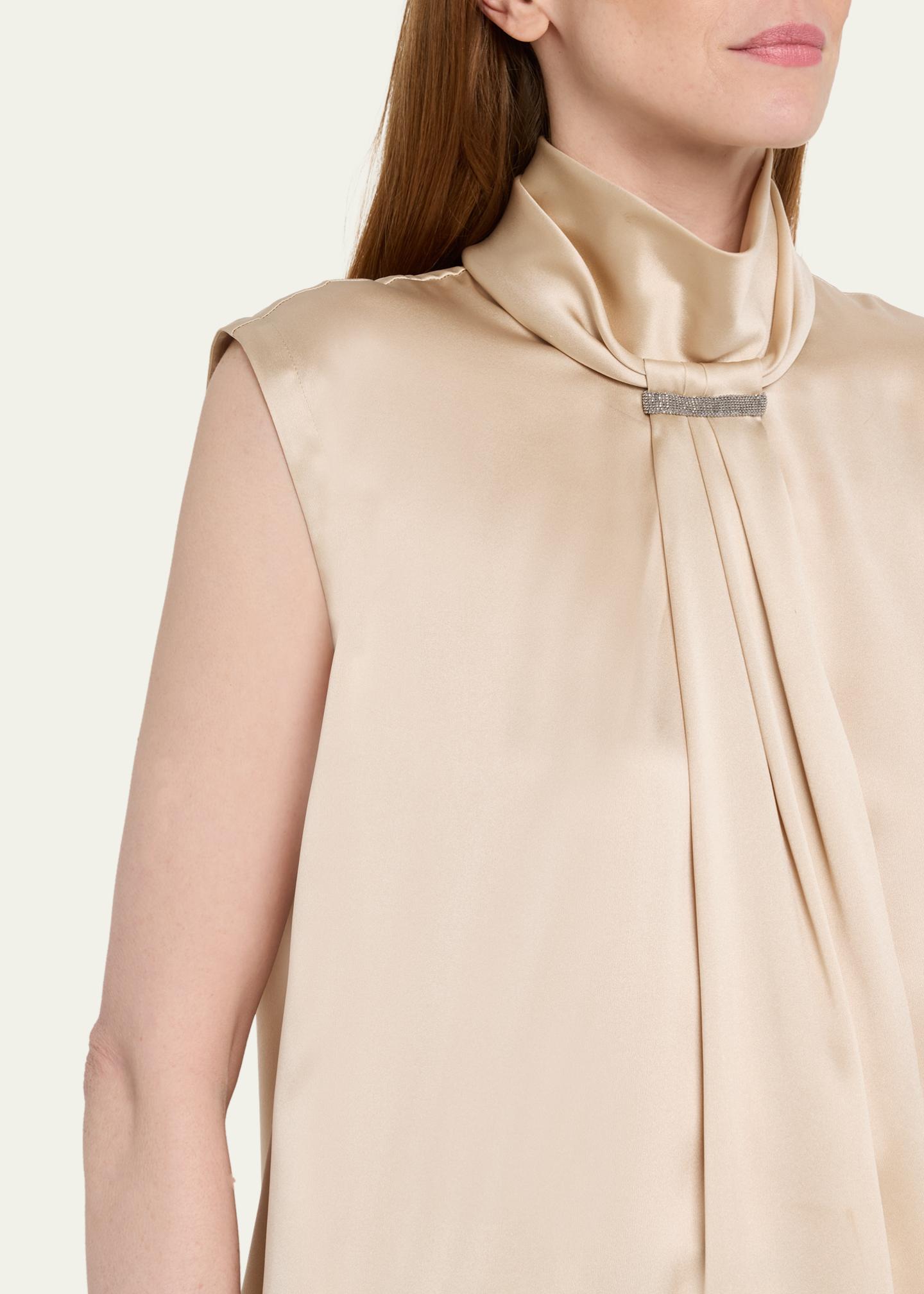 Brunello Cucinelli Sleeveless Silk Turtleneck Blouse w/ Monili