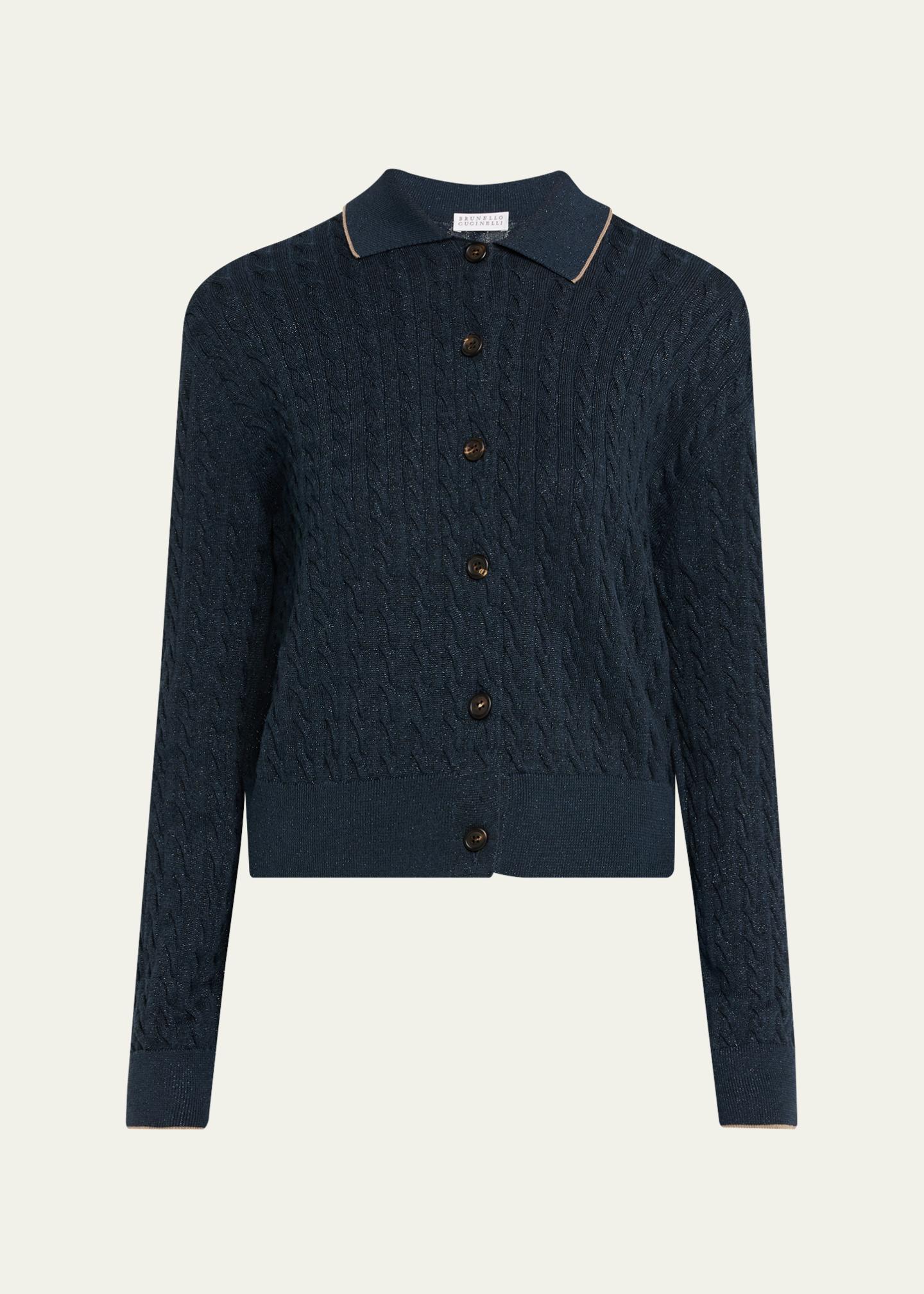 Brunello Cucinelli Shimmering Cable Knit Collared Cardigan - Bergdorf ...