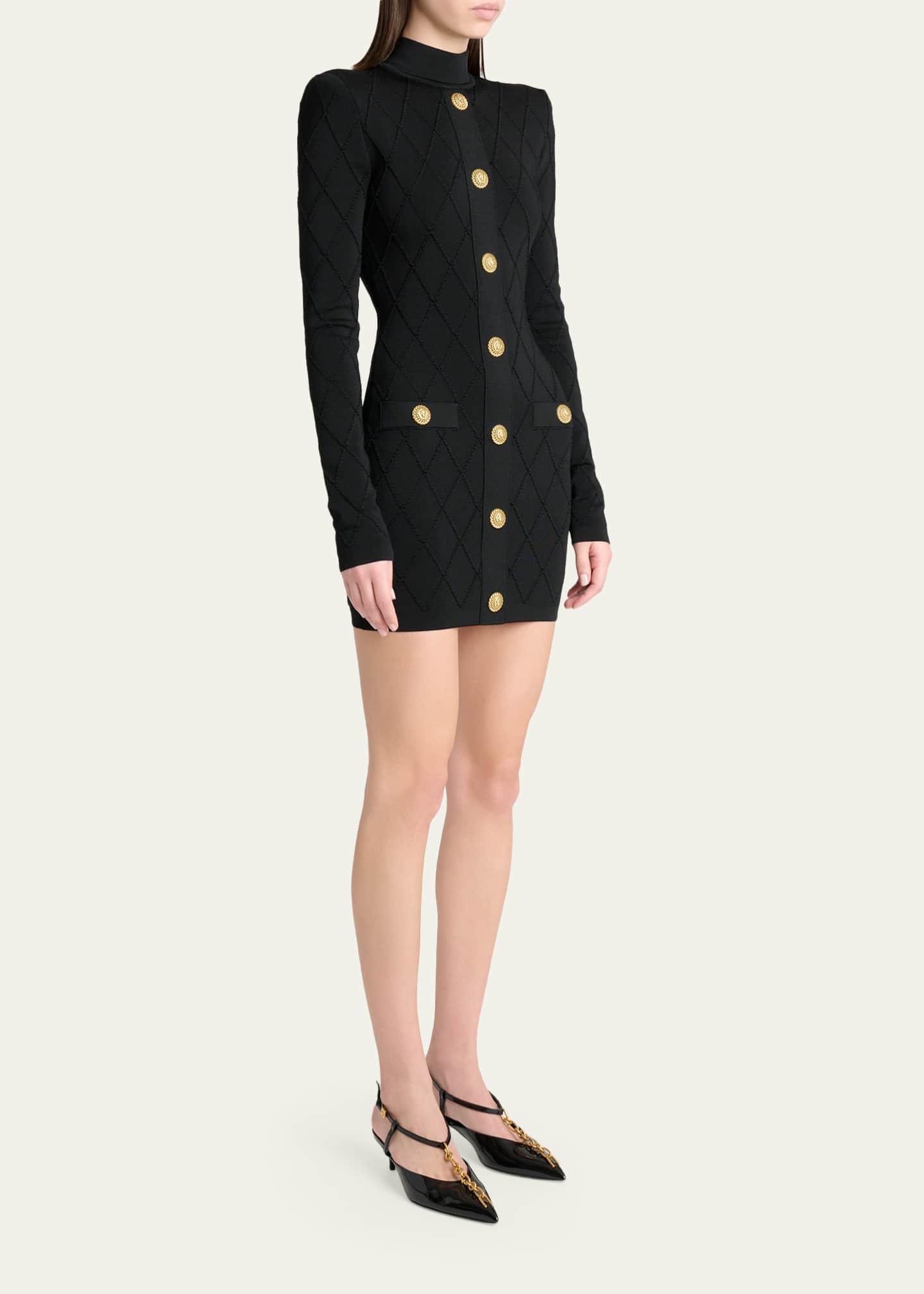 balmain logo mini dress Balmain Buttoned Tweed Knit Short Dress | Pink | Size 36