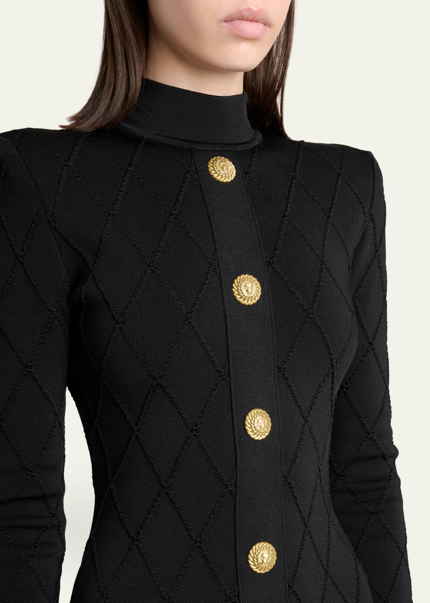 balmain knit mini dress Balmain Long-Sleeve Buttoned Knit Mini Dress, BLACK, Women's, 38,