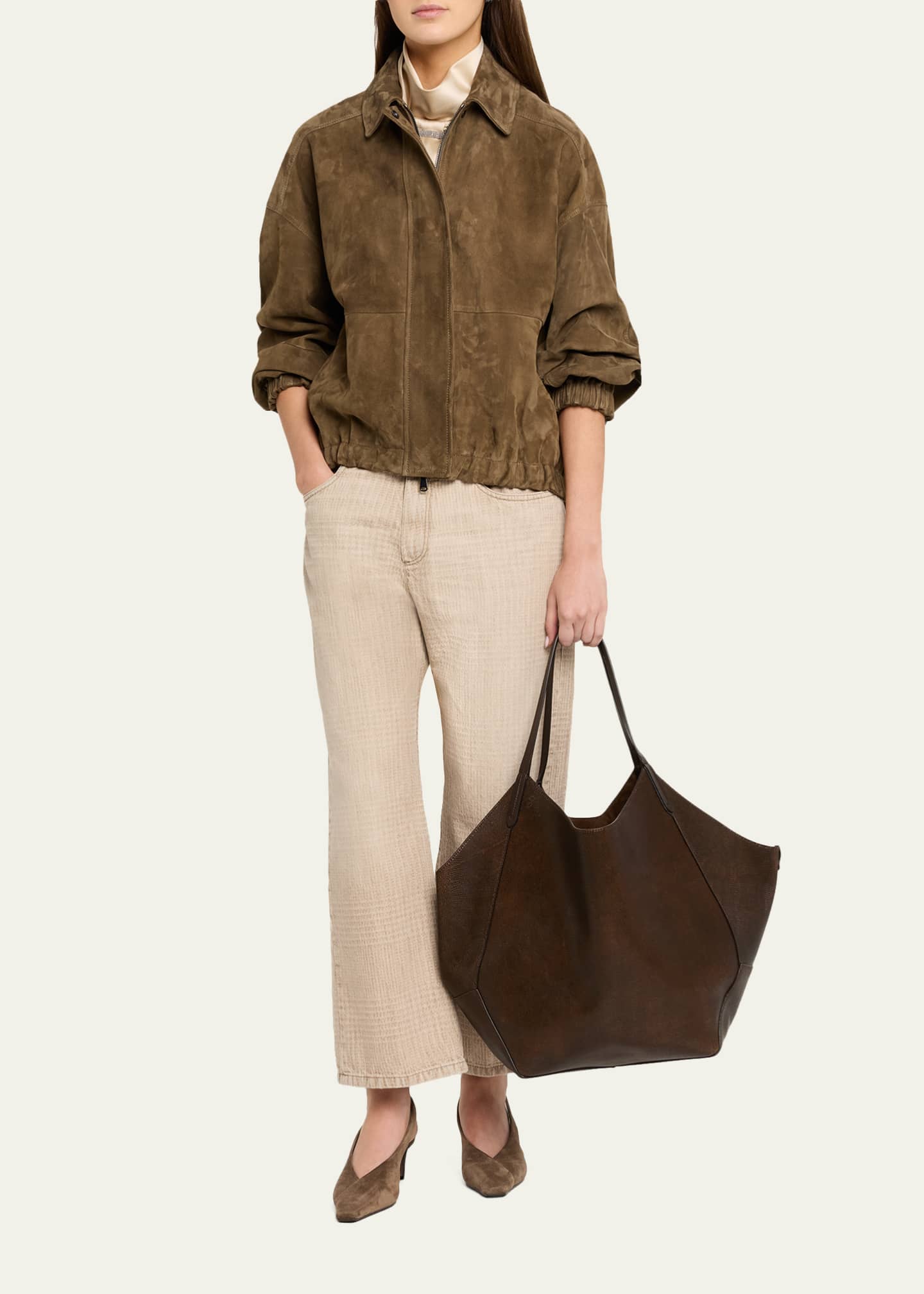 Brunello Cucinelli Check-Print Denim Straight-Leg Crop Pants