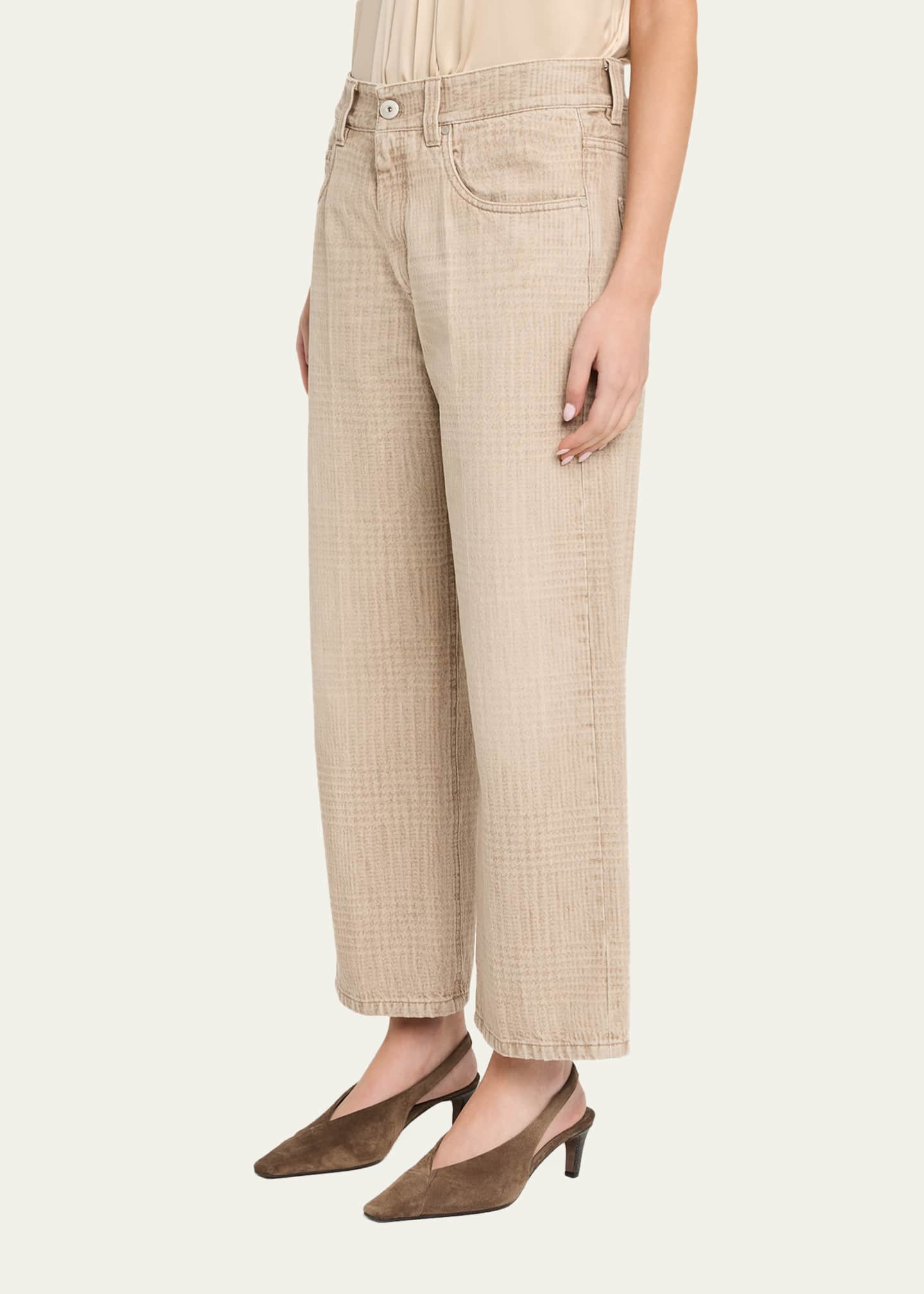 Brunello Cucinelli Check-Print Denim Straight-Leg Crop Pants