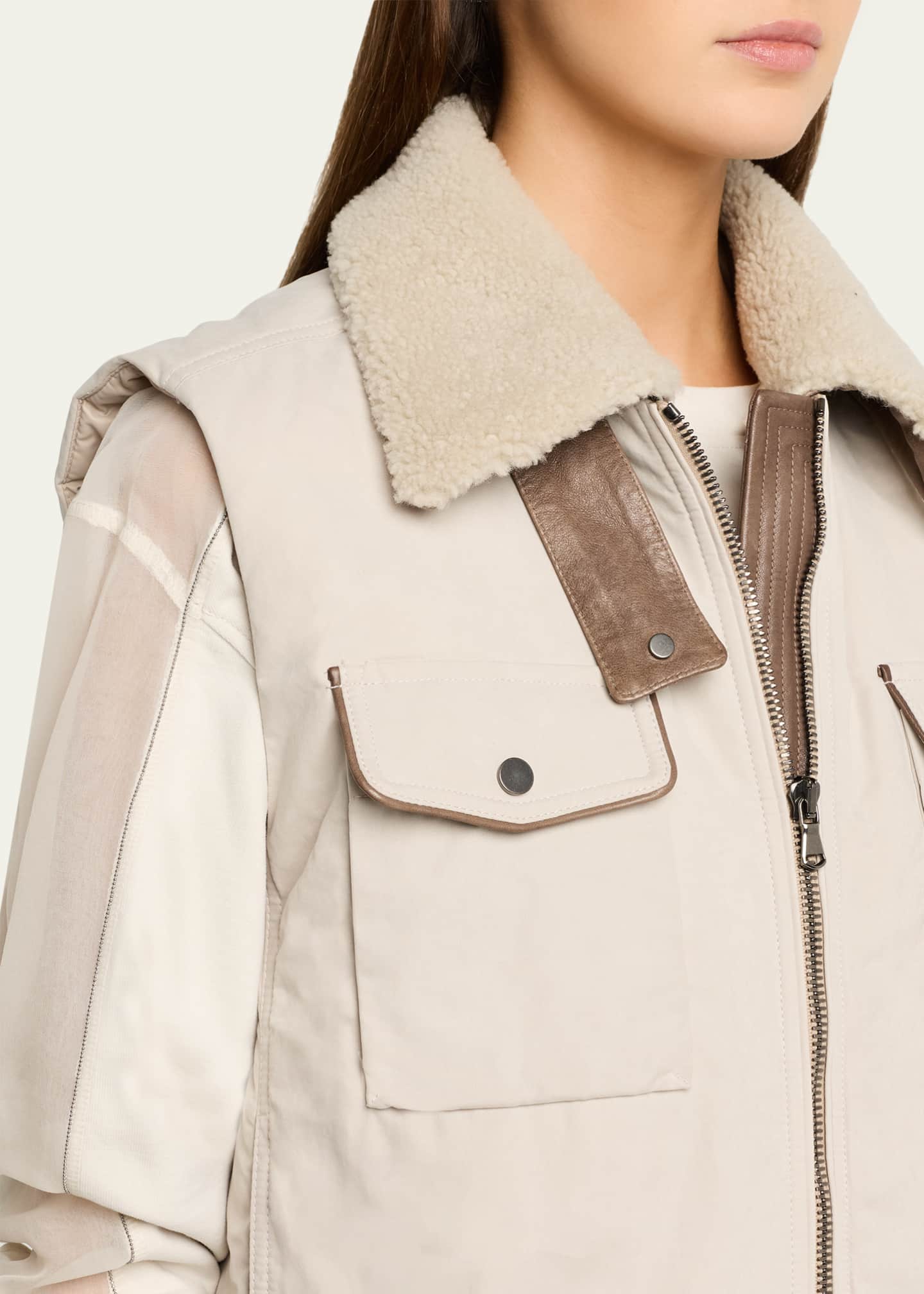 Brunello Cucinelli Lamb Shearling Collar Techno Satin Padded Vest