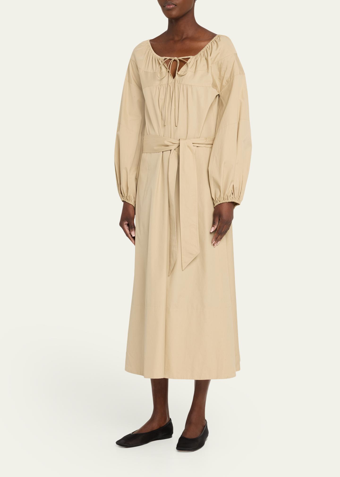 Women's Shirred Cotton Belted Tie-Neck Dress, Sand Beige, Size S