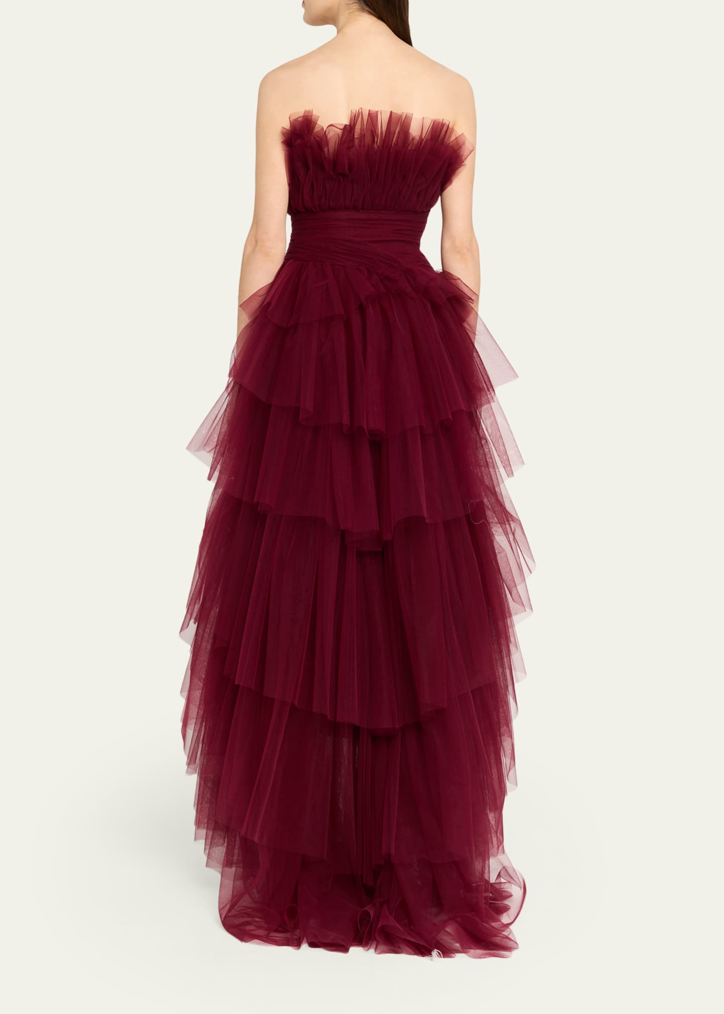 Pamella Roland Strapless Tiered Tulle High-Low Gown, Merlot, Women's, 10, Evening Formal Gala Gowns Mother of the Bride Groom Strapless Gowns