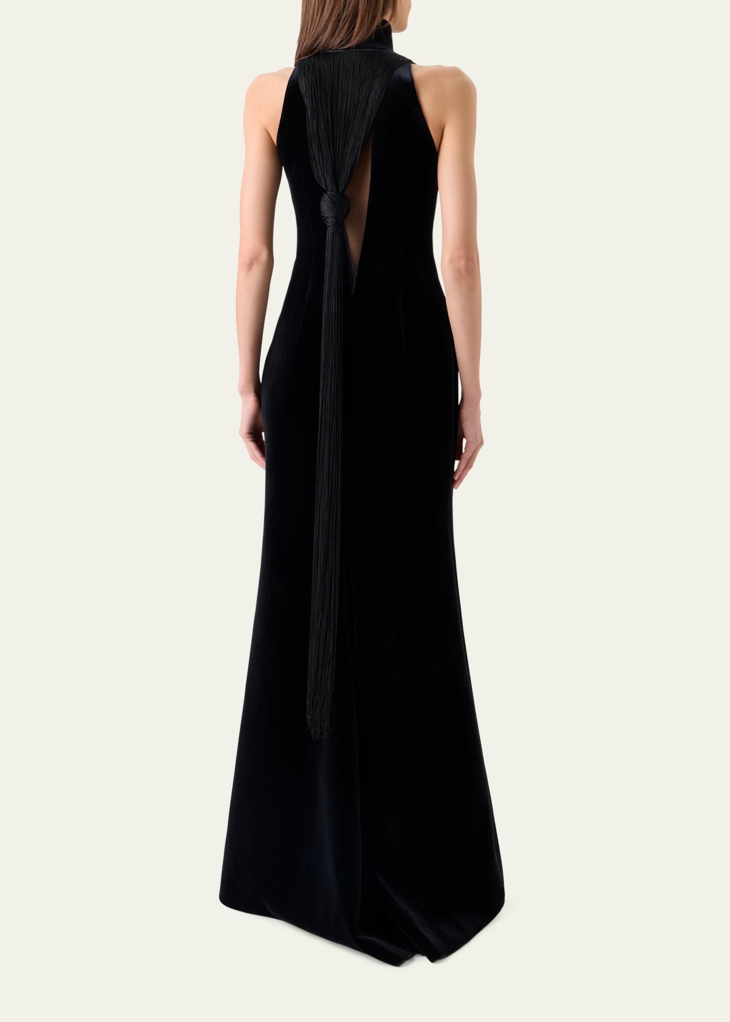 Akris Mock-Neck Fringe Knot Sleeveless Velvet Trumpet Gown