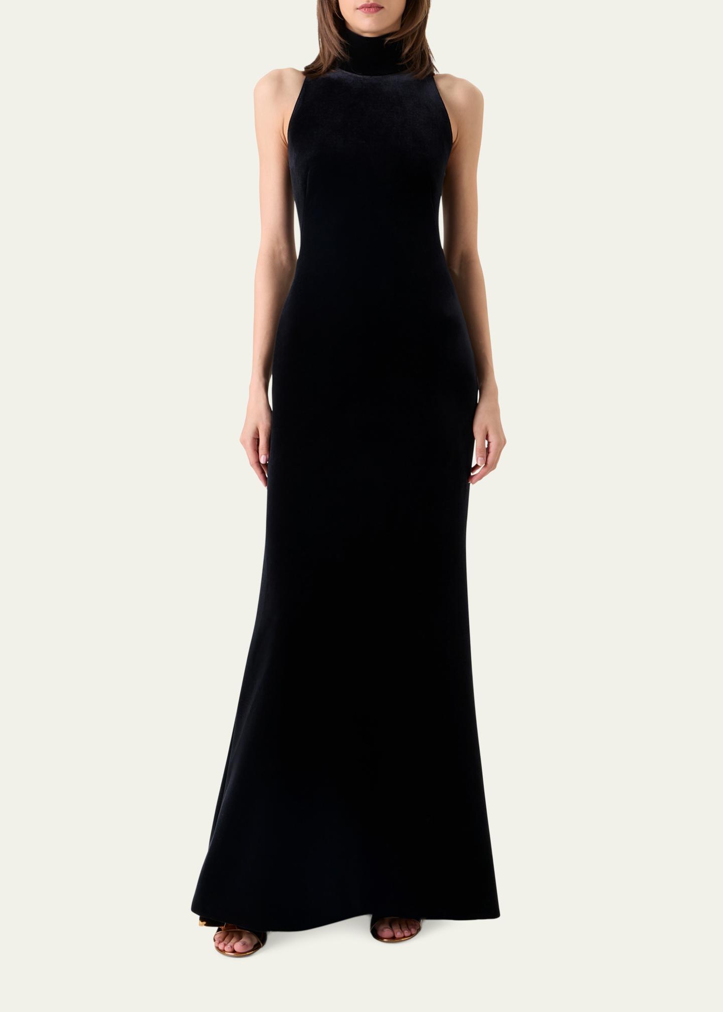 Akris Mock-Neck Fringe Knot Sleeveless Velvet Trumpet Gown