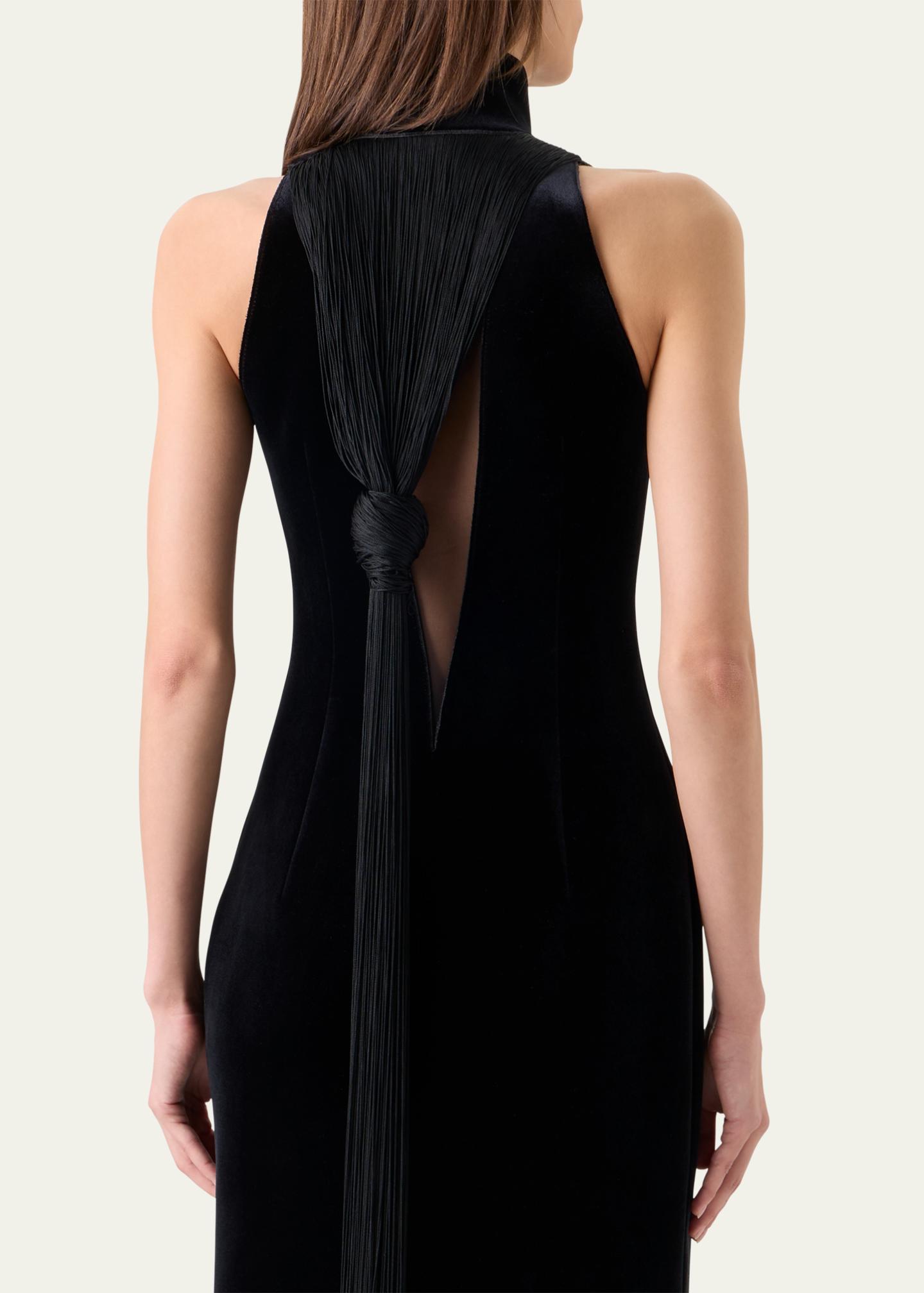 Akris Mock-Neck Fringe Knot Sleeveless Velvet Trumpet Gown