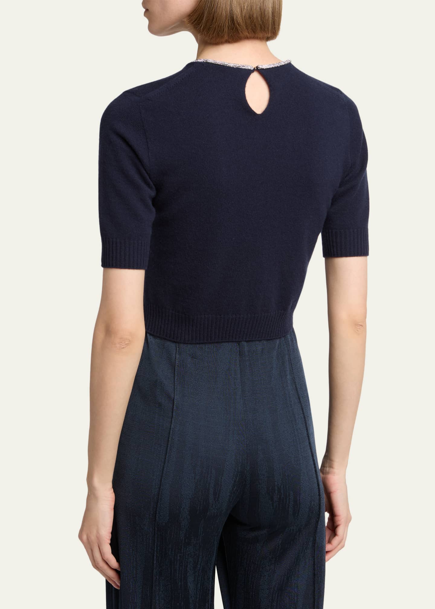 Giorgio Armani Crystal-Collar Cashmere Short-Sleeve Crop Sweater