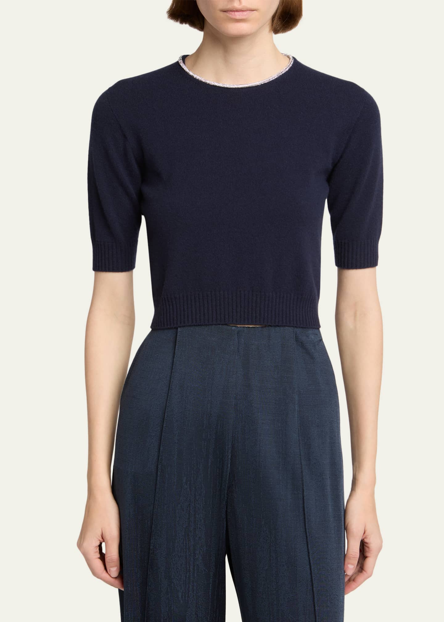 Giorgio Armani ブークレニットセーター Giorgio Armani Crystal-Collar Cashmere Short-Sleeve Crop Sweater