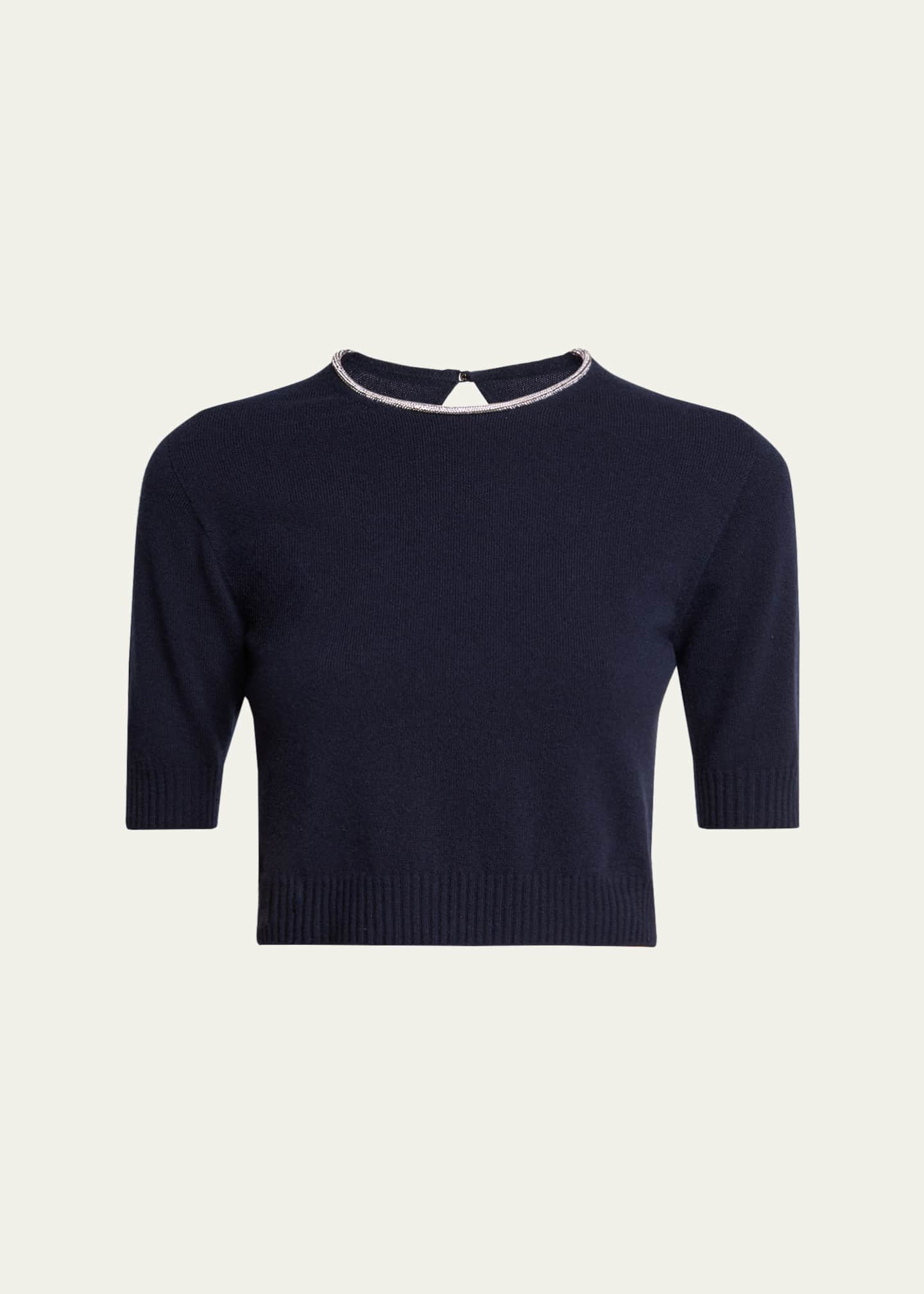 Giorgio Armani Crystal-Collar Cashmere Short-Sleeve Crop Sweater