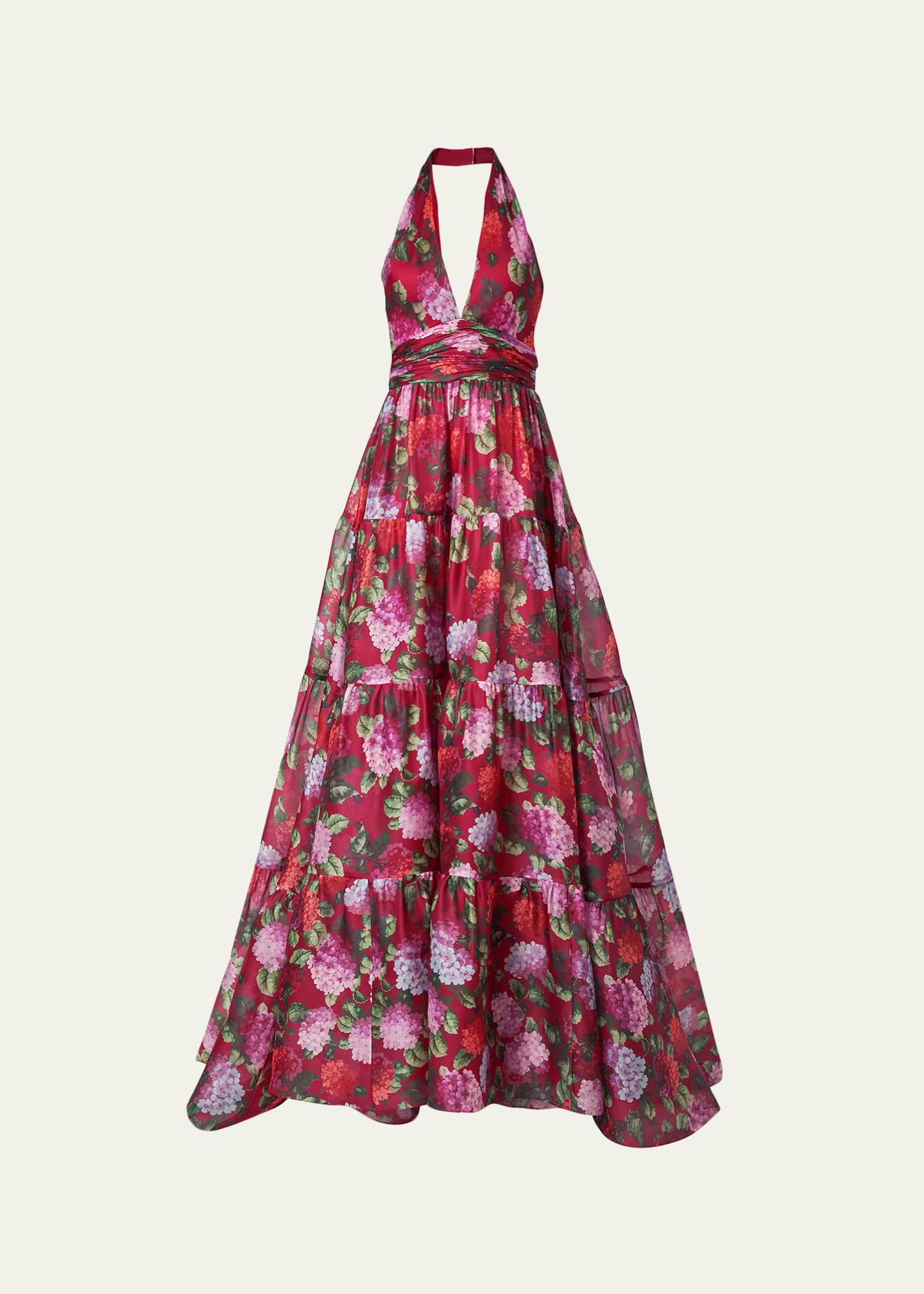 carolina herrera halter dress Women's Floral Halterneck Tiered Gown - Cranberry Multi Midnight blue strapless maxi dress