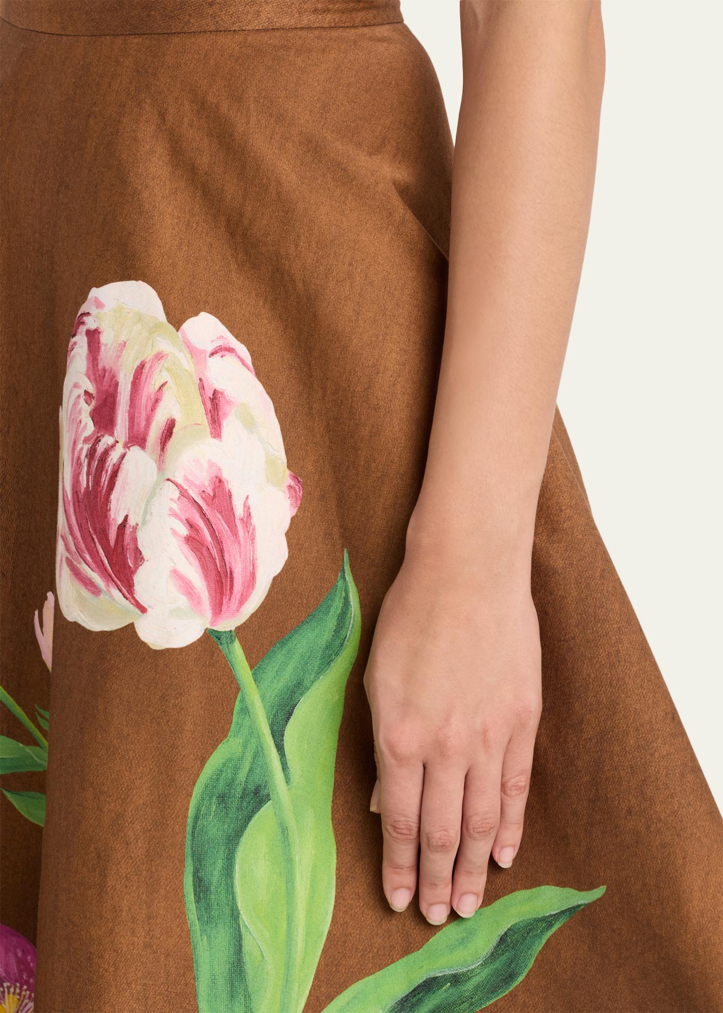 Oscar de la Renta Mixed Botanical Print Cotton Midi Skirt