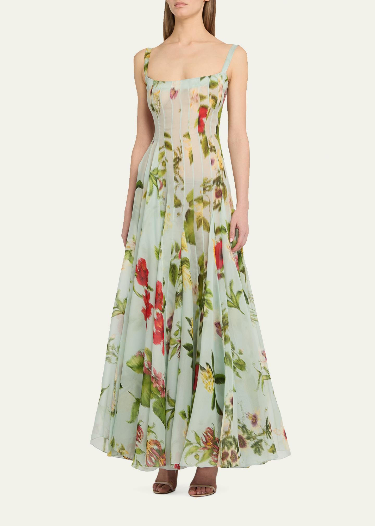 Oscar de la Renta Sleeveless Chine Hibiscus Silk Gazar Trumpet