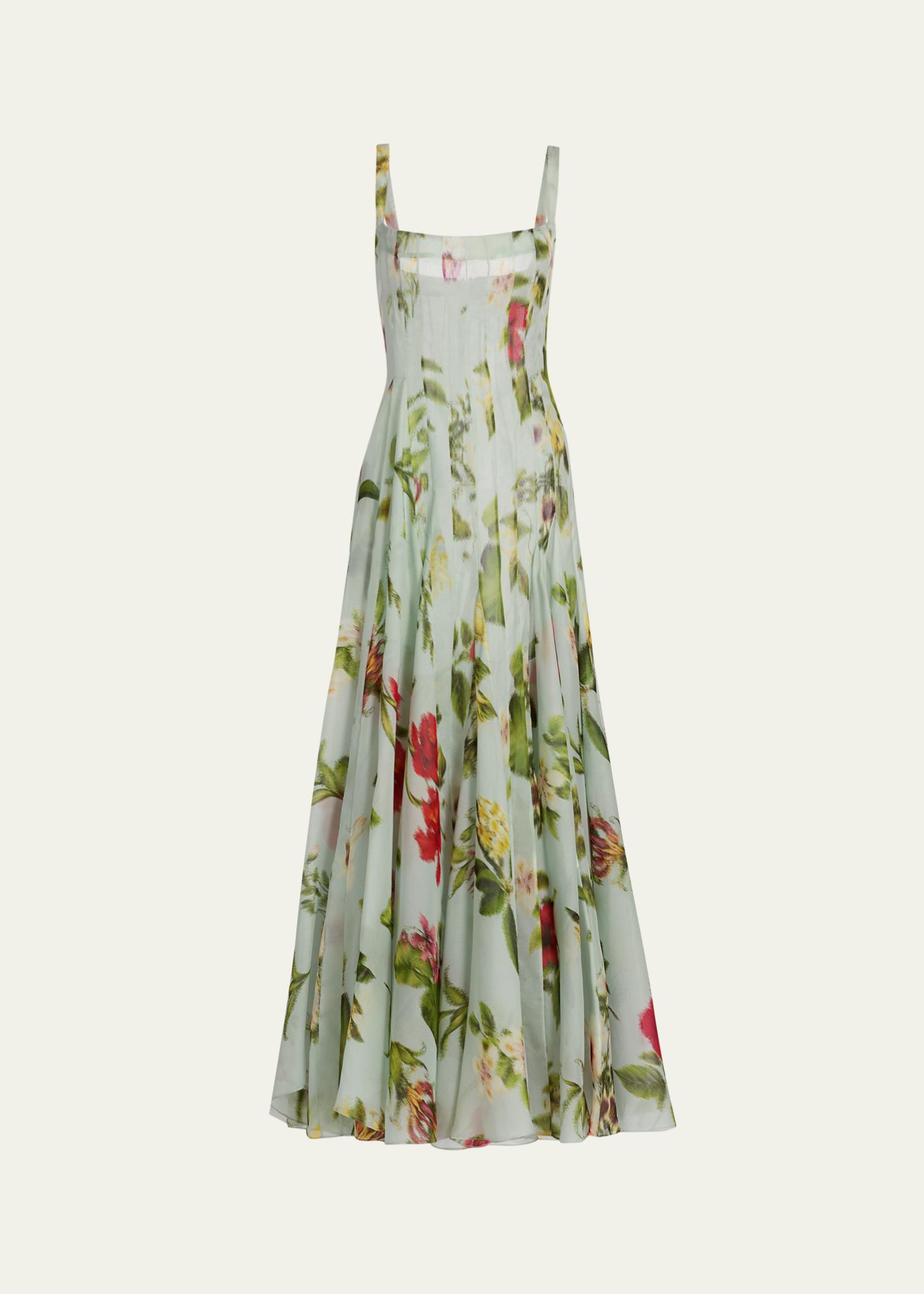 パピレスRenta Oscar de la Renta Sleeveless Chine Hibiscus Silk Gazar Trumpet