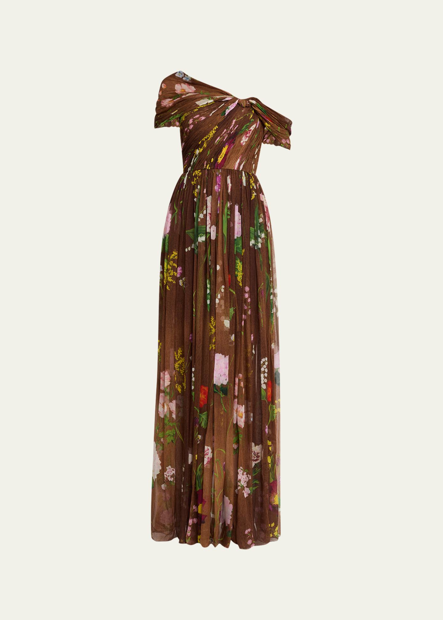 Oscar de la Renta One-Shoulder Mixed Botanical Silk Chiffon Gown