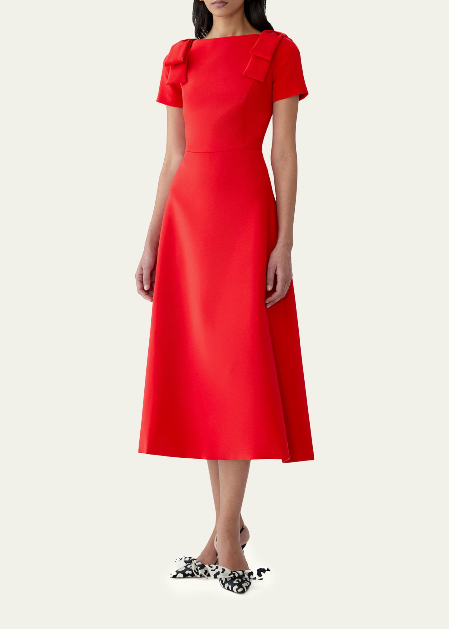 Carolina Herrera Boatneck Bow Short-Sleeve Midi Dress