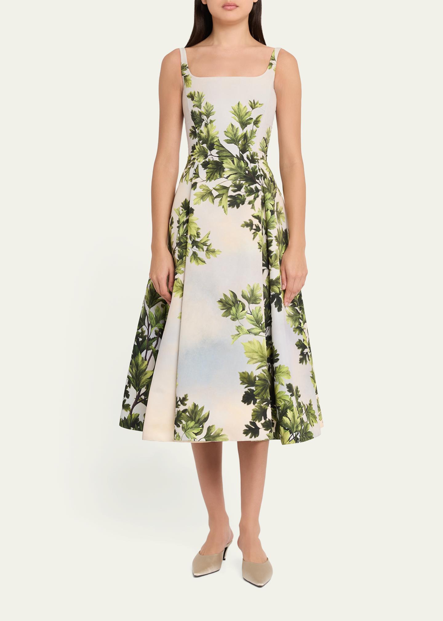 oscar midi dress green de la Renta Sleeveless Foliage-Print Faille Square-Neck styleattribute-coconut girl