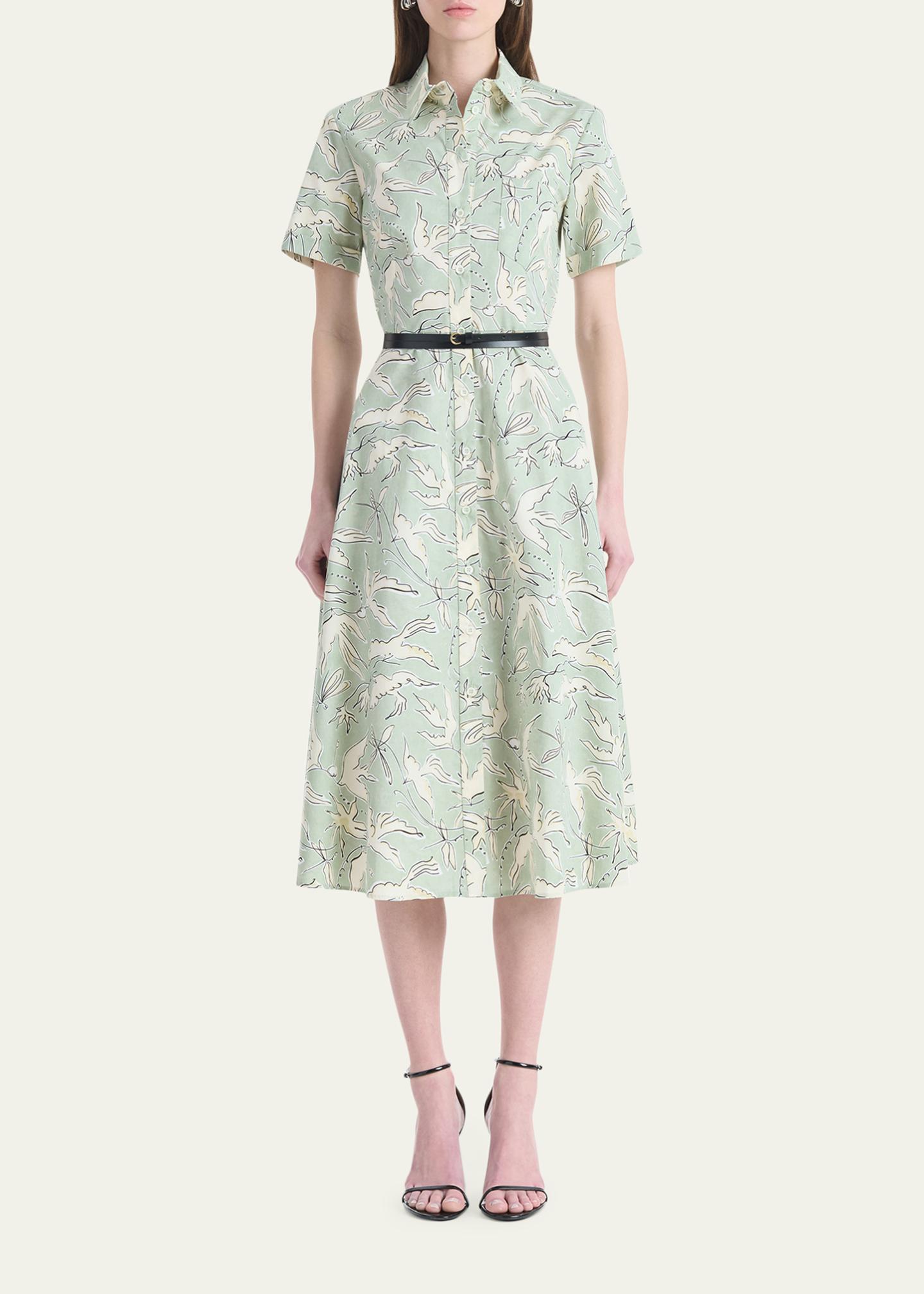 Altuzarra Kieran Bird-Print Cotton Belted Midi Shirtdress