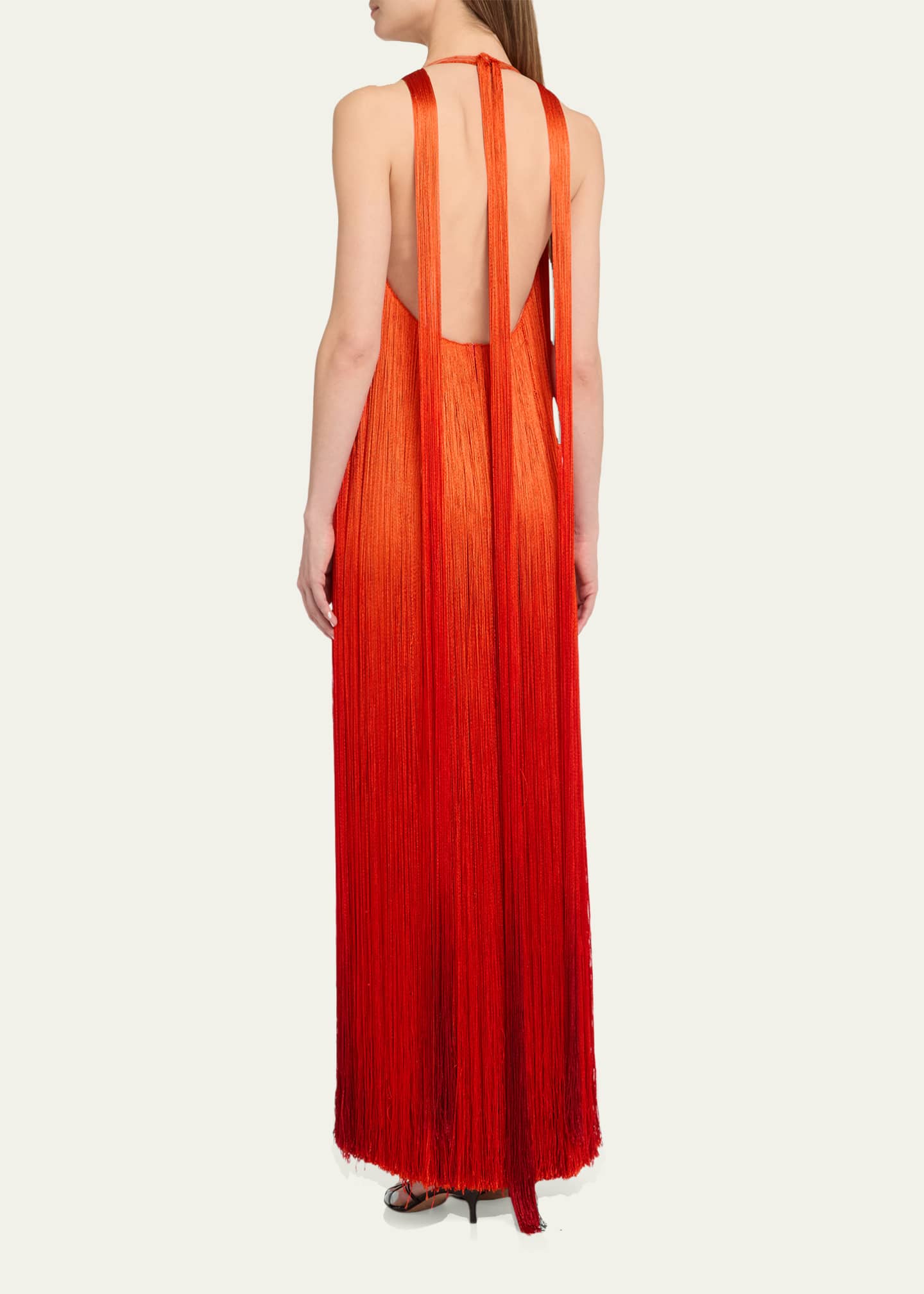 Oscar de la Renta Sleeveless Fringed Plunging Halter Gown - Bergdorf Goodman