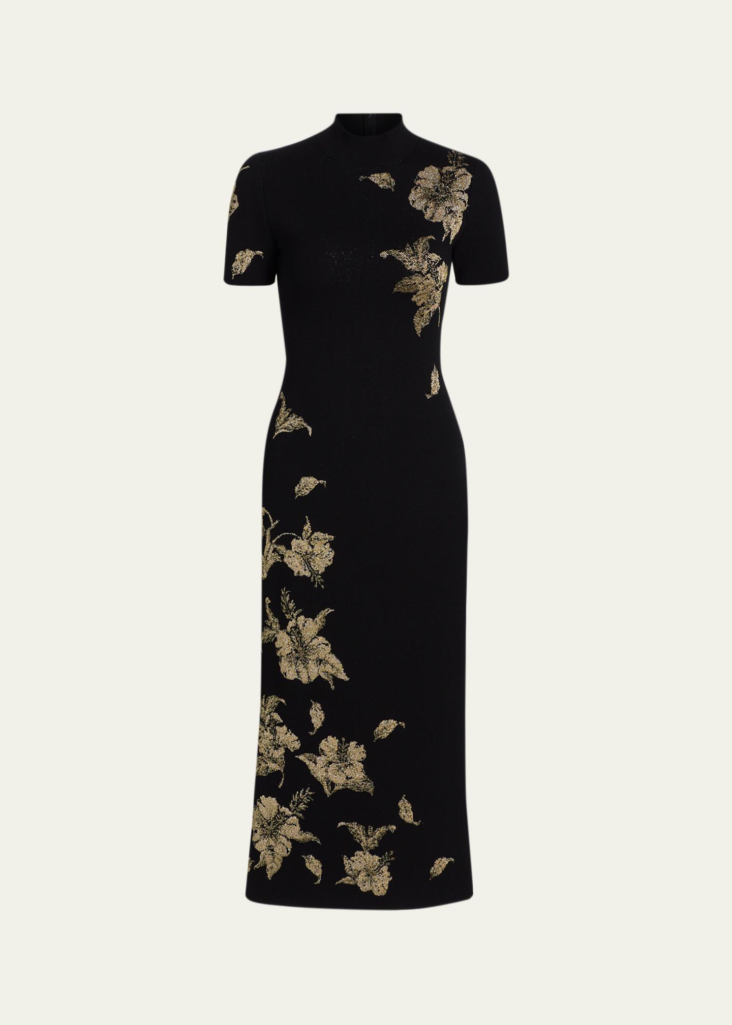 black dress with gold flowers Oscar de La Renta Metallic Hibiscus Flower Knit Short-Sleeve Midi Dress, Black, Women's, XS gold maxi with sparkling womens sequin dress Denim and Diamonds💎 #denimanddiamonds Size:6 years