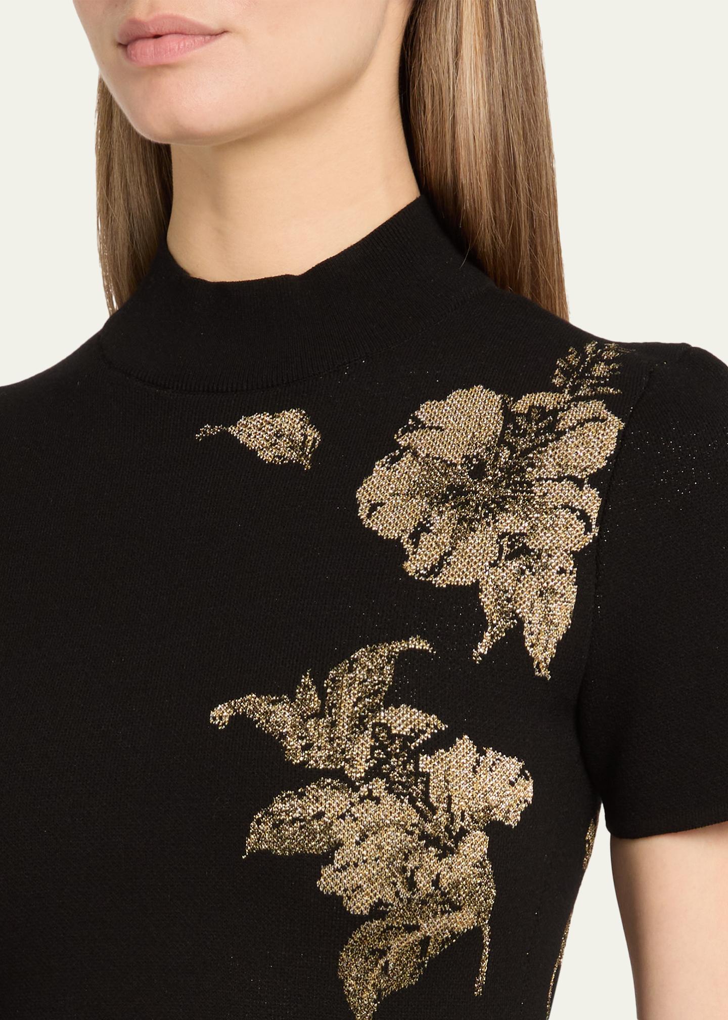 Oscar de la Renta Metallic Hibiscus Flower Knit Short-Sleeve Midi