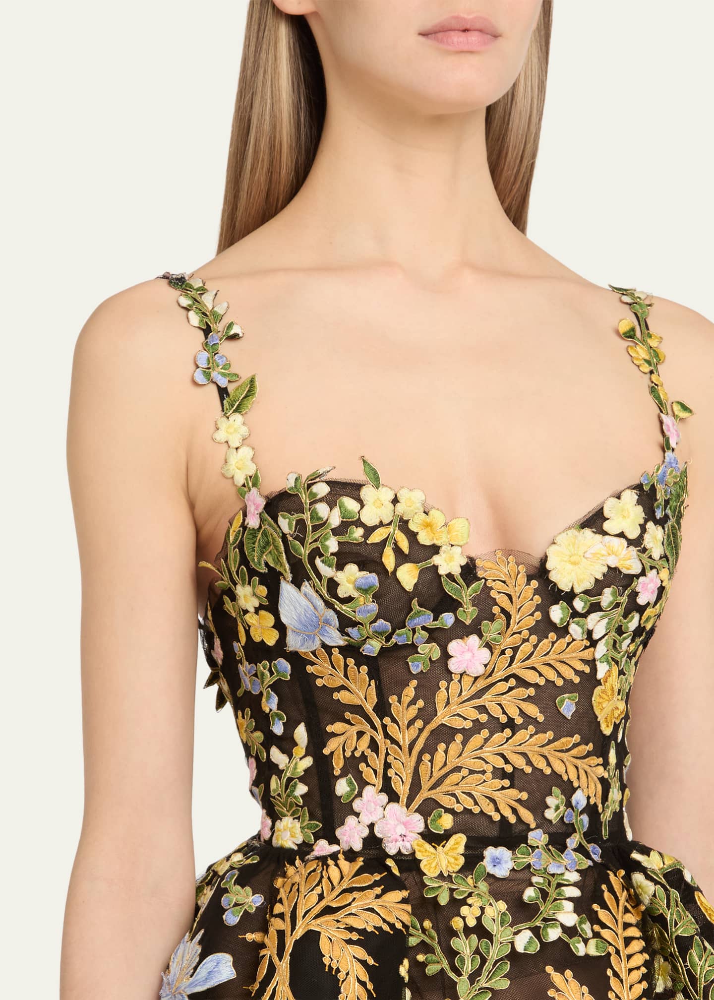 Oscar de la Renta Mixed Botanical Embroidered Tulle High-Low Bustier Dress  - Bergdorf Goodman
