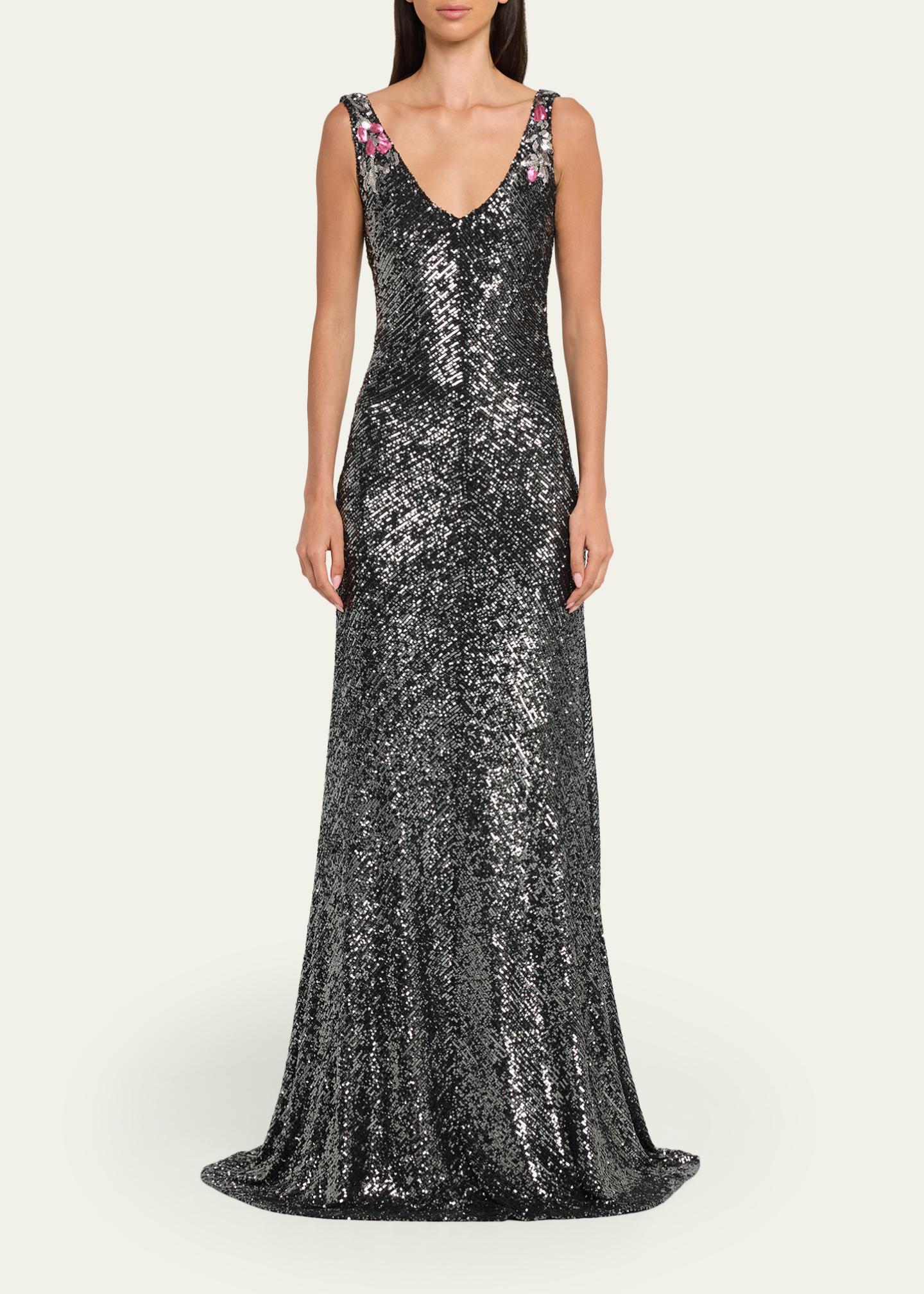 Naeem Khan Floral Applique Stretch Sequin V-Neck Gown - Bergdorf Goodman