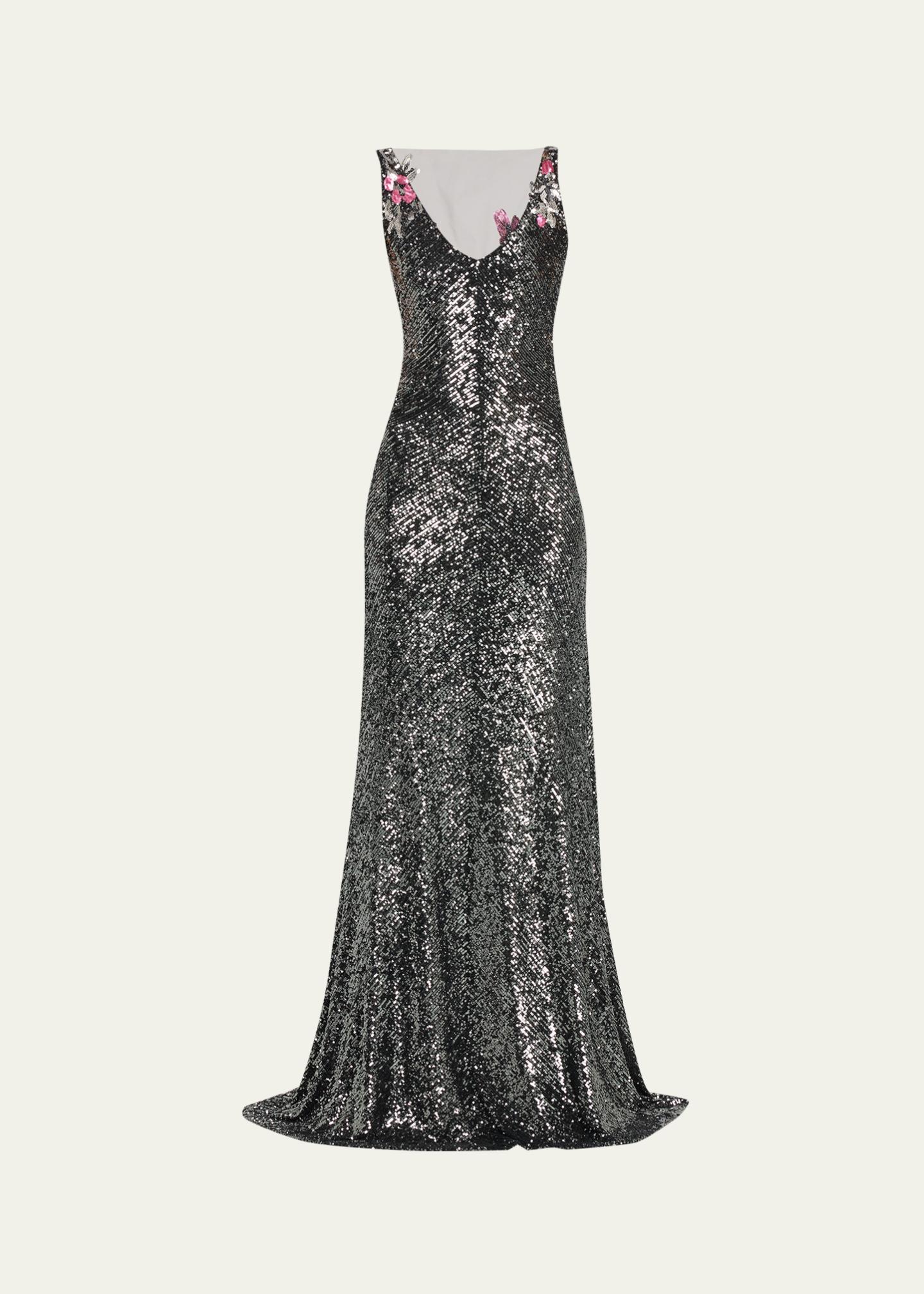 Naeem Khan Floral Applique Stretch Sequin V-Neck Gown - Bergdorf Goodman
