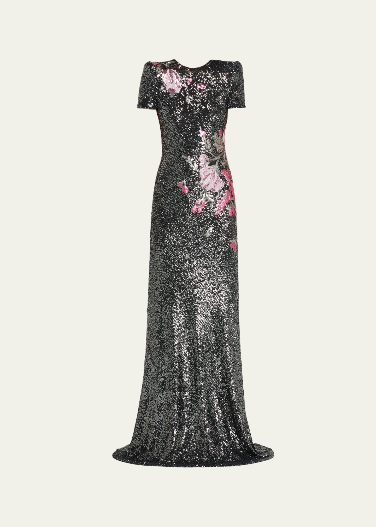 Naeem Khan Floral Applique Stretch Sequin Cap-Sleeve Gown - Bergdorf ...